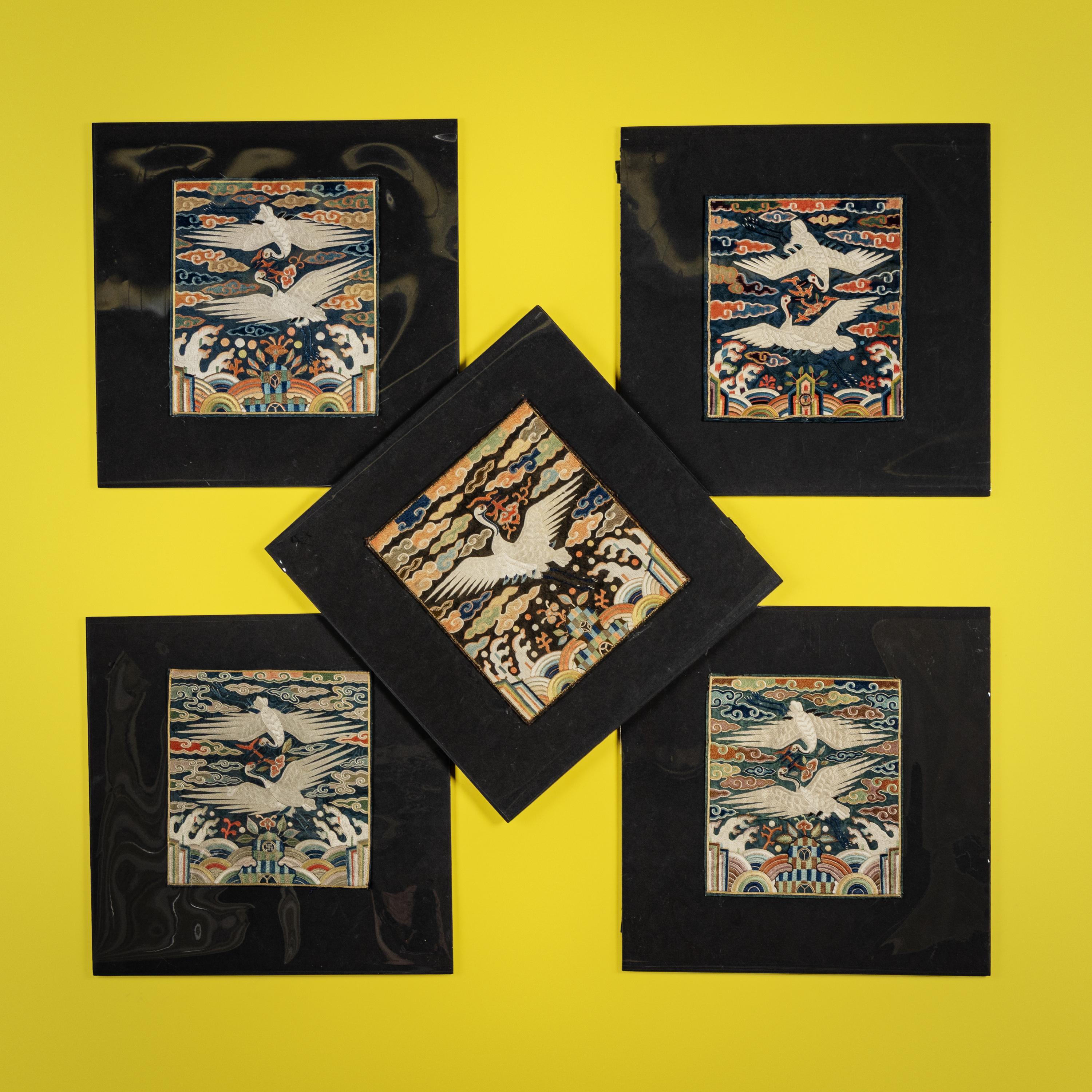 Five Korean Embroidered Silk 'Crane' Civil Official Rank Badges, Joseon Dynasty, 19th Century