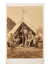 [CIVIL WAR]. A pair of CDVs featuring soldiers, likely members of the 7th NY state militia, posed just outside of a tent at "Camp Cameron, May 1861."