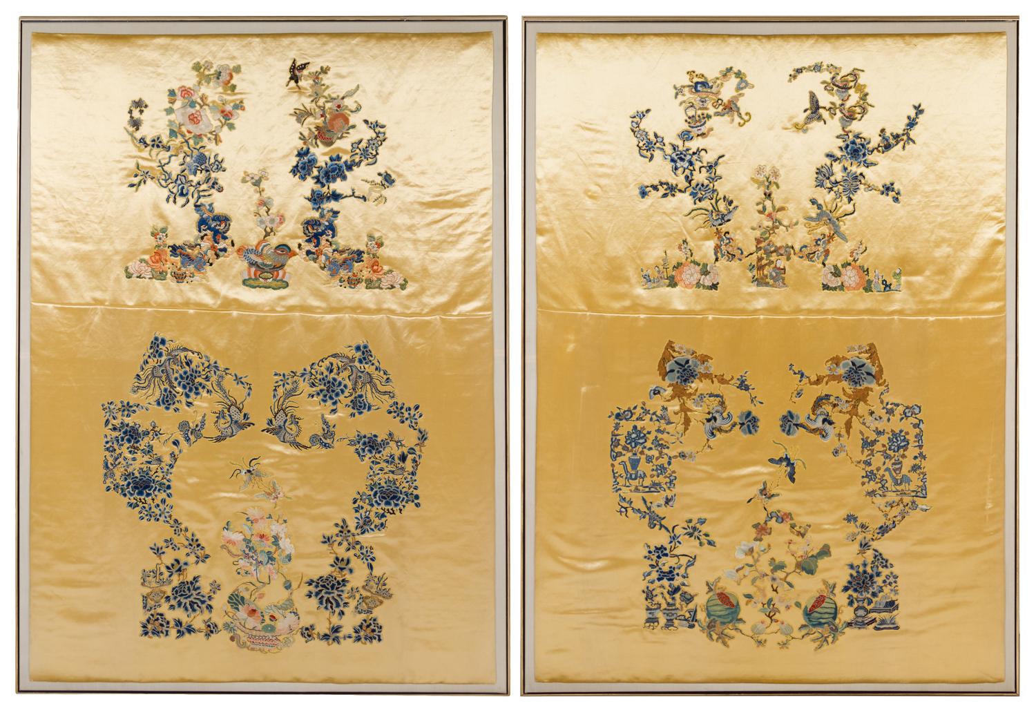 A Rare Set of Six Chinese Imperial Yellow Embroidered Silk Panels — 19TH CENTURY