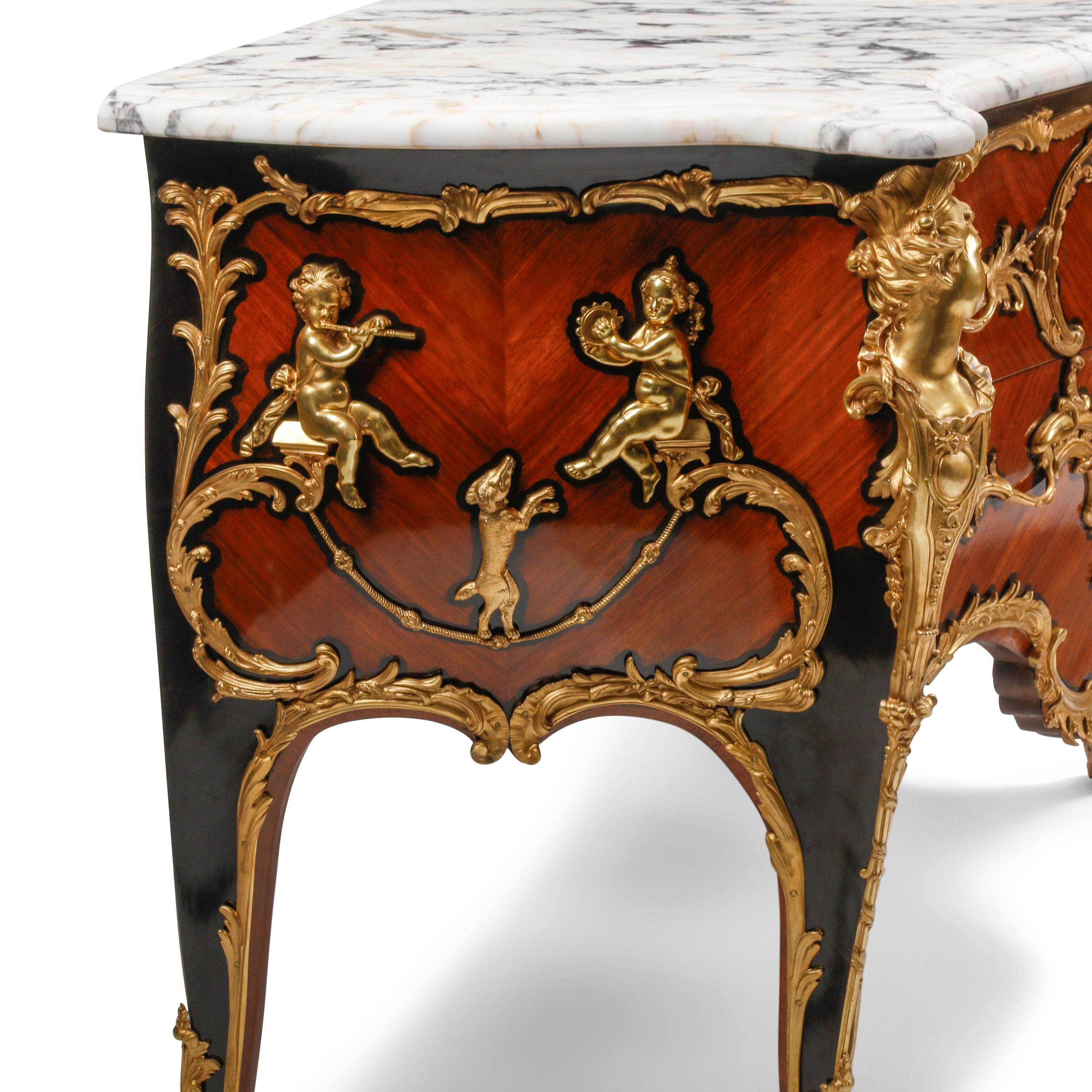 A Pair of Louis XV Style Gilt Bronze Mounted Marble-Top Commodes