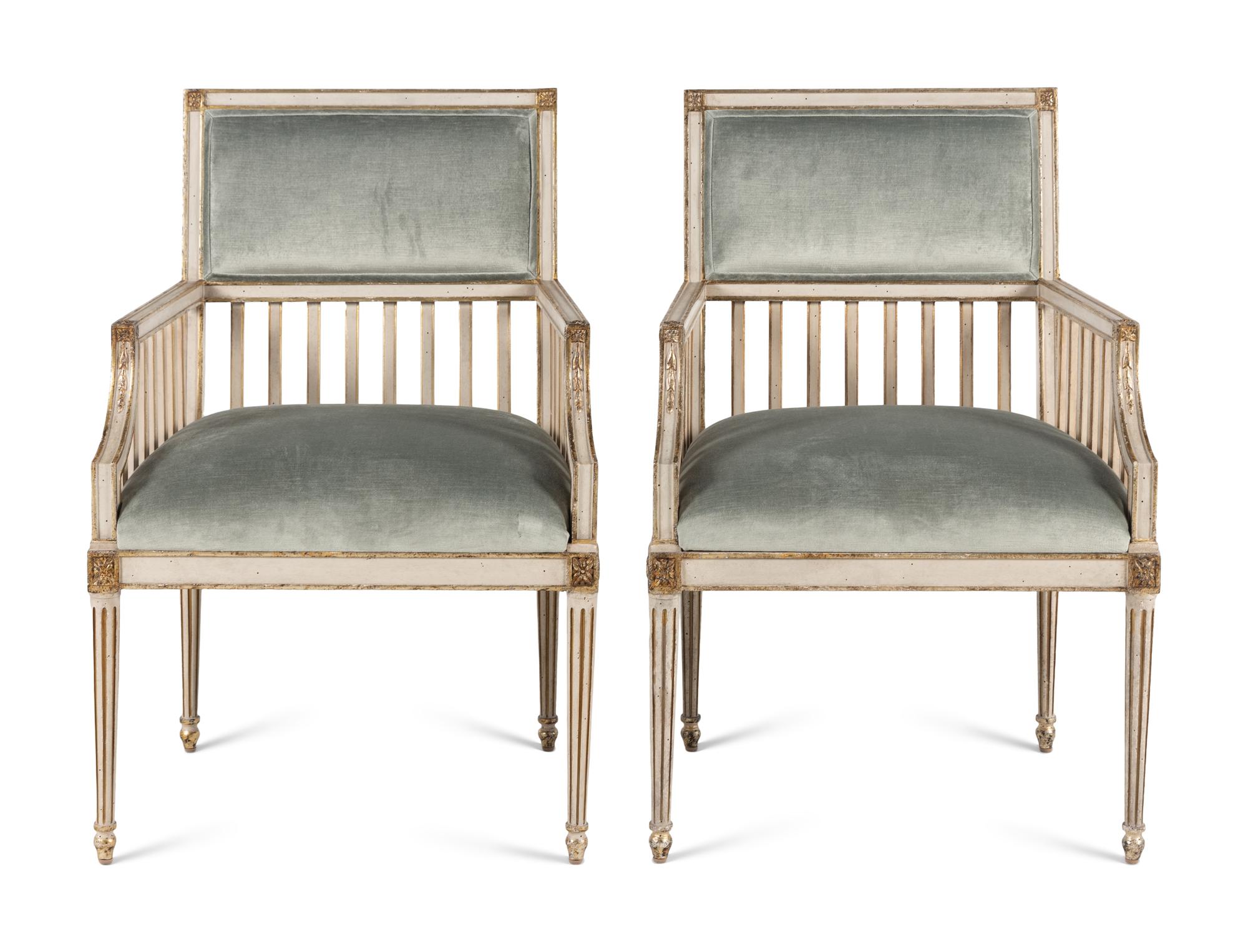 A Pair of Ebanista Florentina Painted and Parcel-Gilt Bergeres