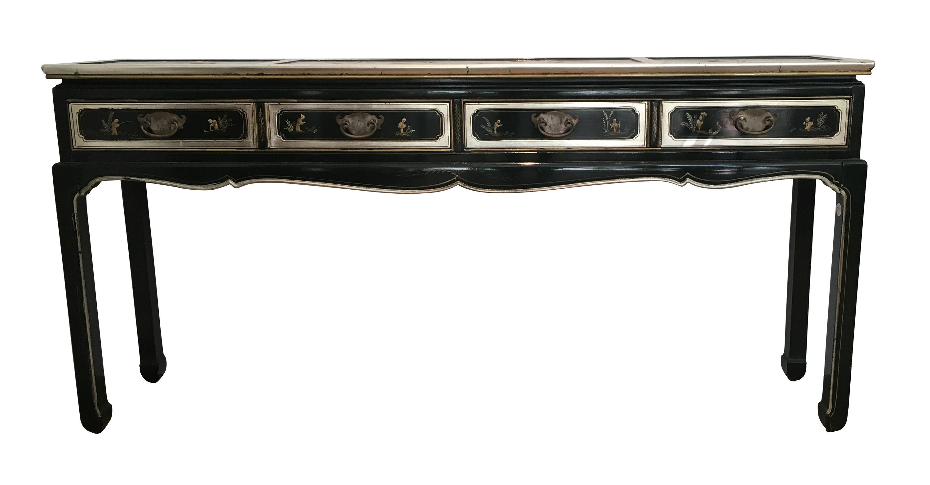 A Regency Style Ebonized and Giltwood Chinoiserie Console Table Height 29 x width 60 x depth 12 1/4 inches.