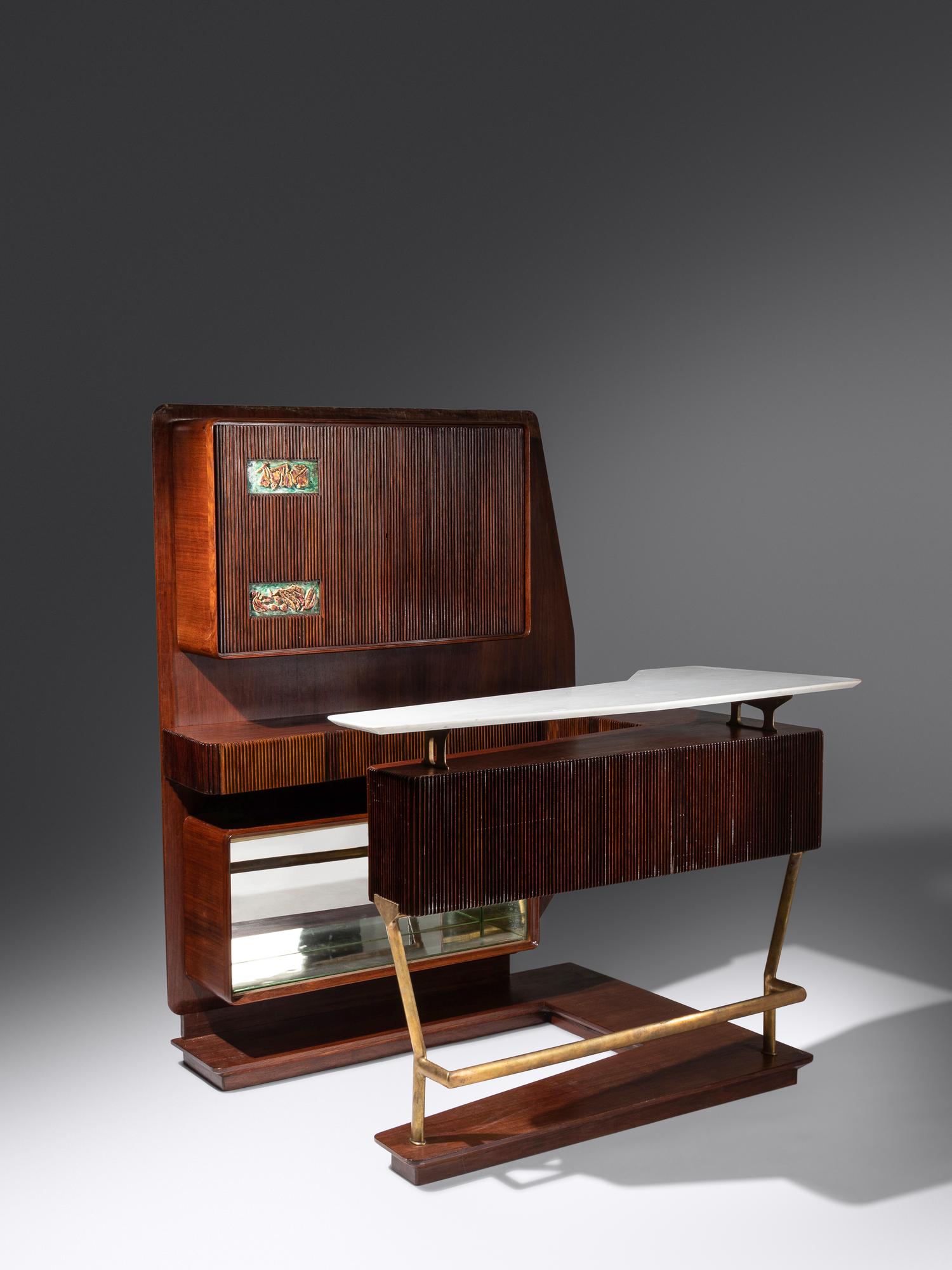 Bar Cabinet and Pair of Bar Stools, c. 1950