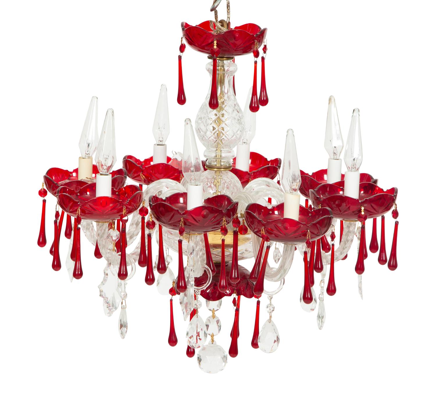 A Cased Glass Eight-Light Chandelier with Red Accents
