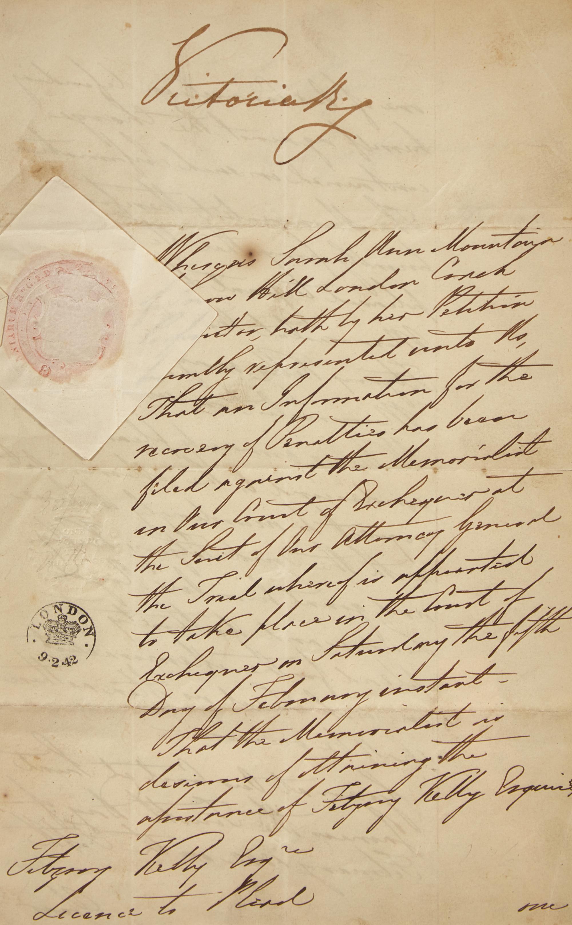 [British Isles] Victoria, Queen. Manuscript Document, signed