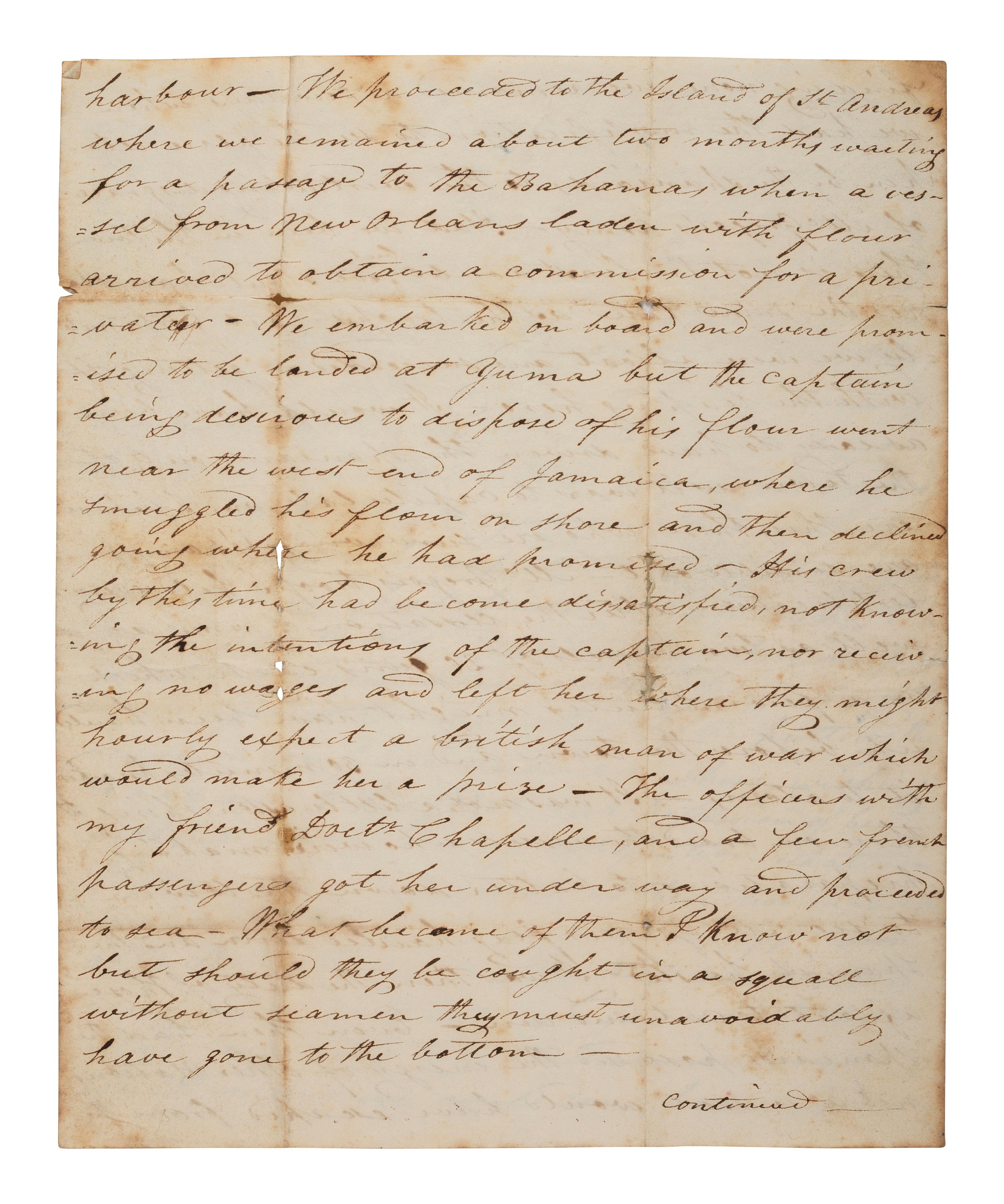 [REPUBLIC OF THE FLORIDAS] -- [FILIBUSTERS]. Letter regarding General Gregor MacGregor, the French privateer Louis-Michel Aury, and filibustering expeditions against Spanish territory. New York, [NY], 30 September 1819.
