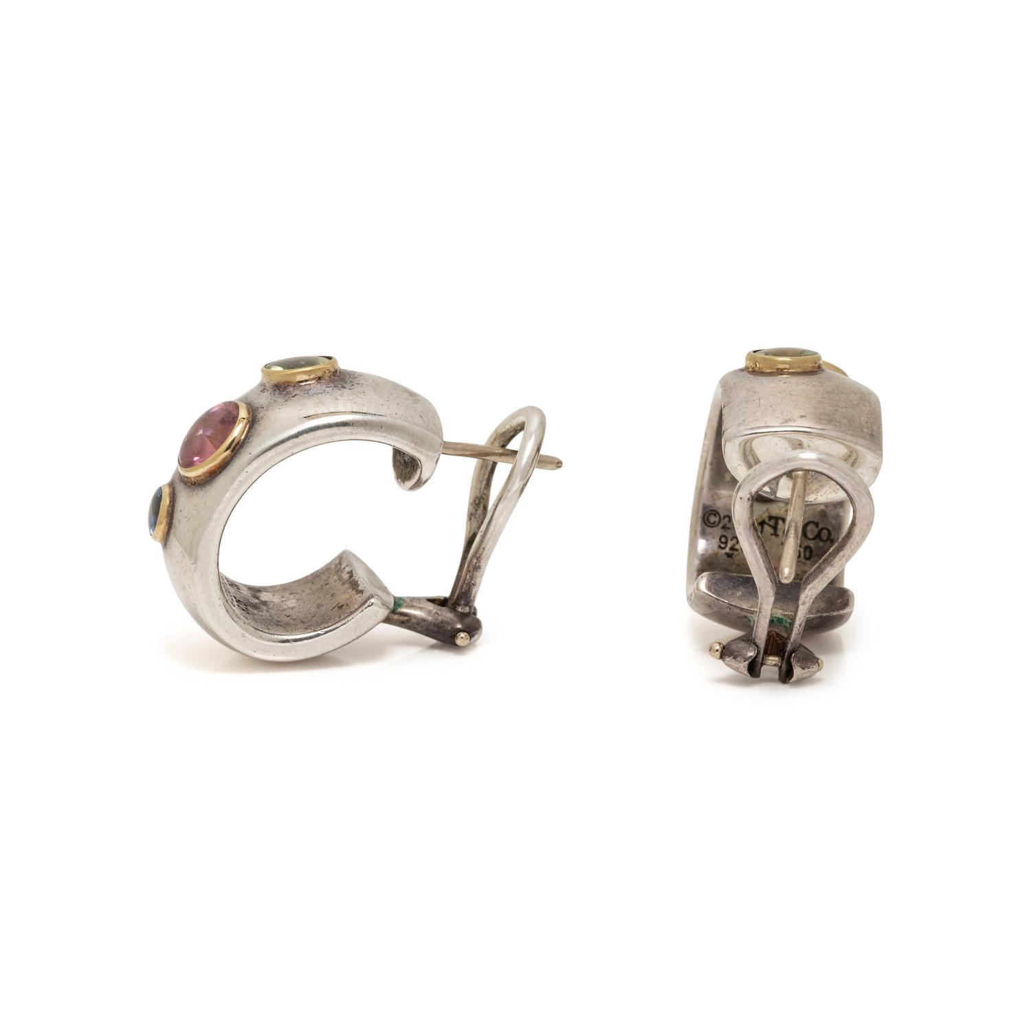 TIFFANY & CO., STERLING SILVER, YELLOW GOLD, AND MULTIGEM 'ETOILE' HUGGIE HOOP EARRINGS