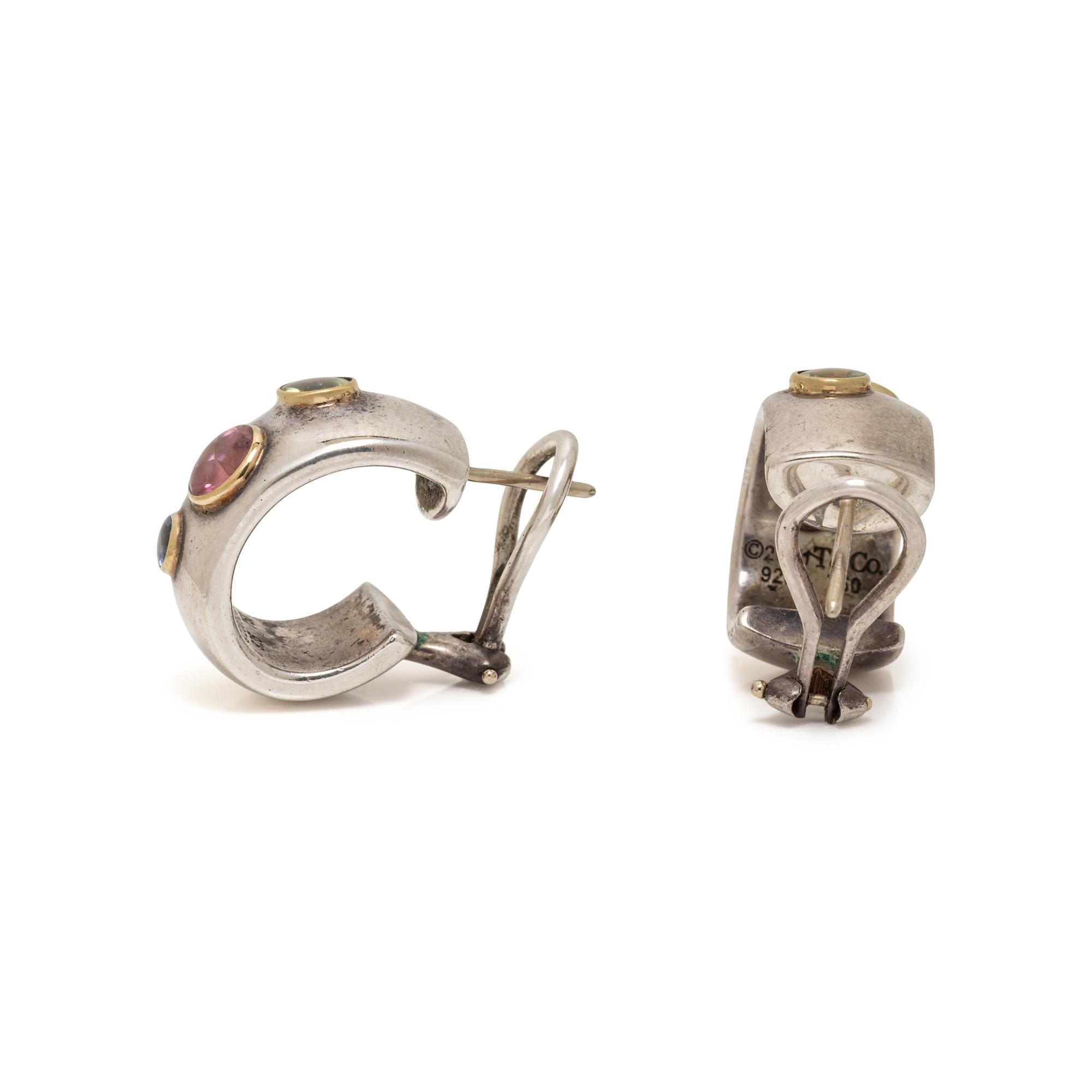 TIFFANY & CO., STERLING SILVER, YELLOW GOLD, AND MULTIGEM 'ETOILE' HUGGIE HOOP EARRINGS