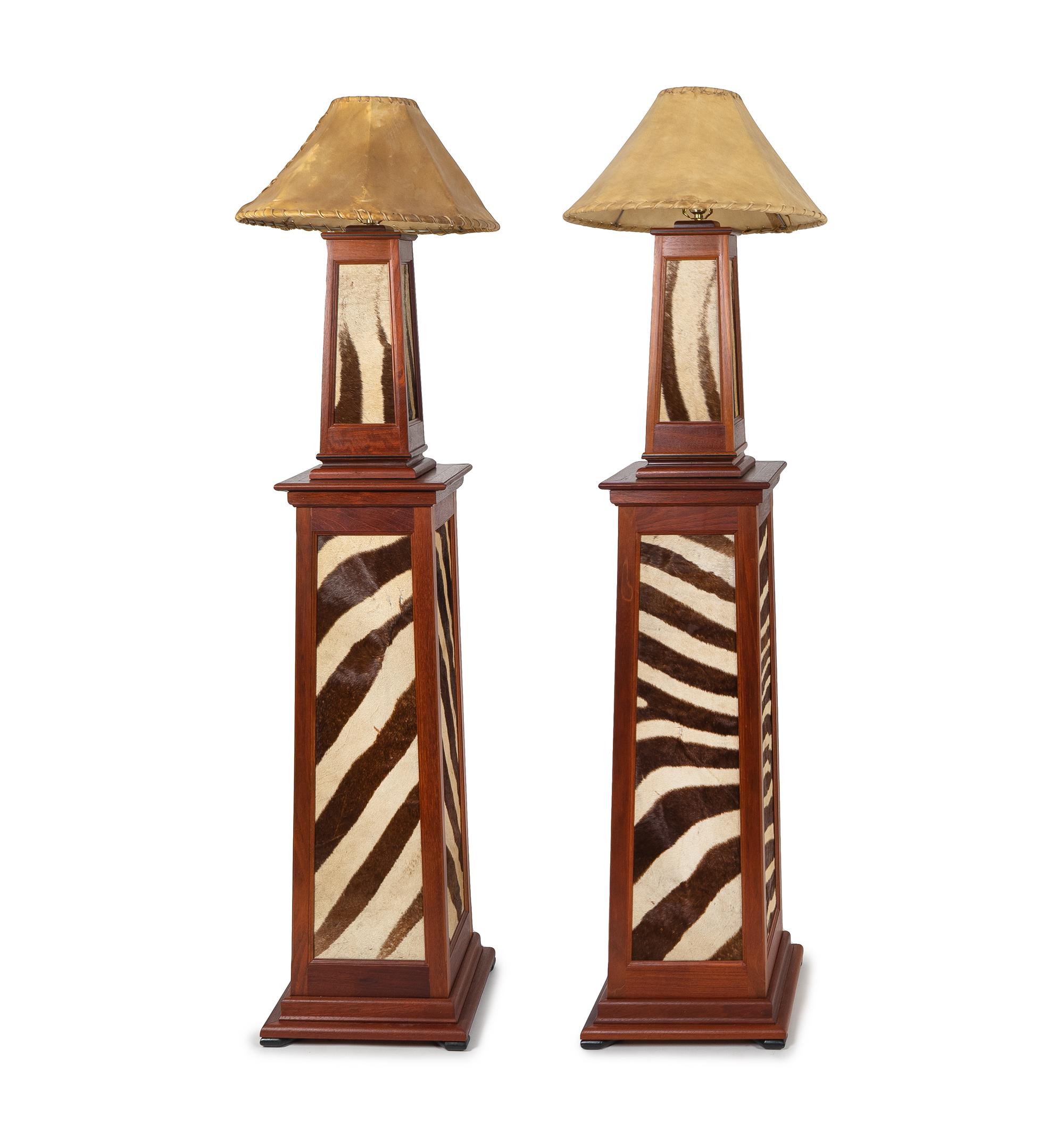 A Pair of Arts & Crafts Cherry and Zebra Lamps on Pedestals — EARLY 20TH CENTUR