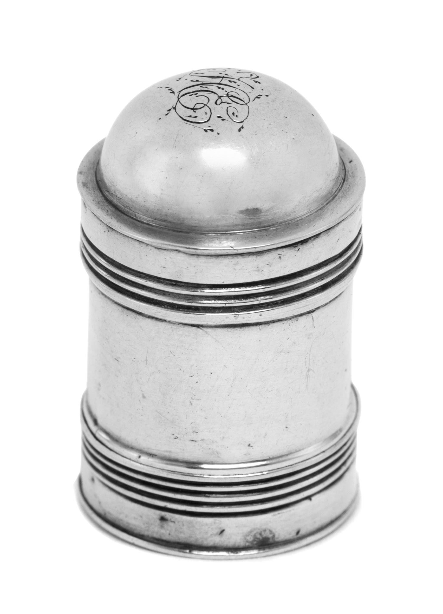 A George III Silver Nutmeg Grater, Likely Joseph Taylor, of canister form with a domed lid, the body having banded decoration and openi