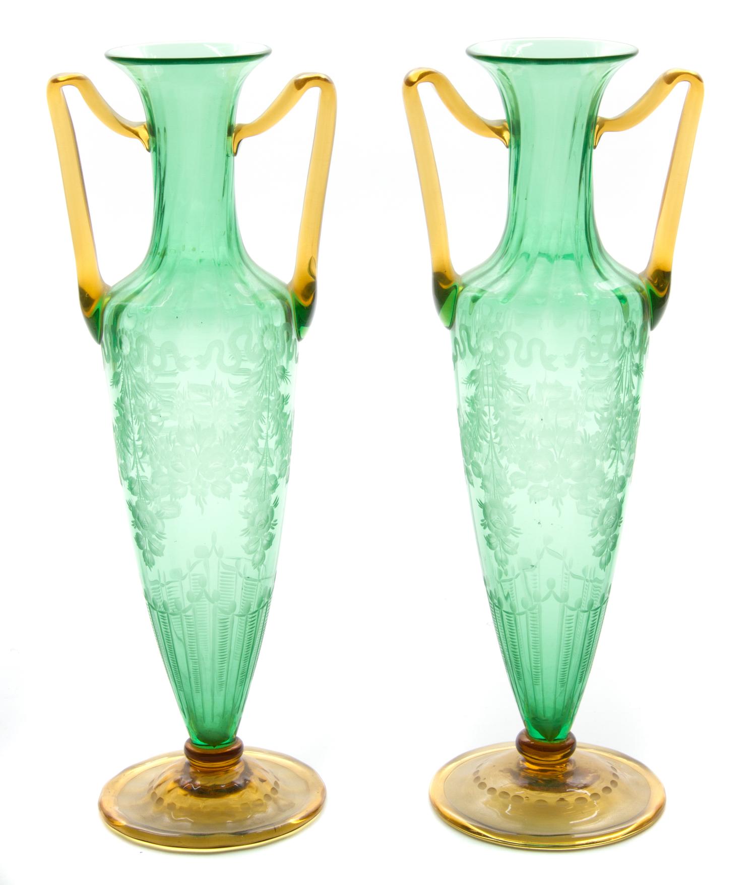 A Pair of Bohemian Green Cut to Clear Glass Vases Height 15 inches.