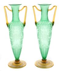 A Pair of Bohemian Green Cut to Clear Glass Vases Height 15 inches.