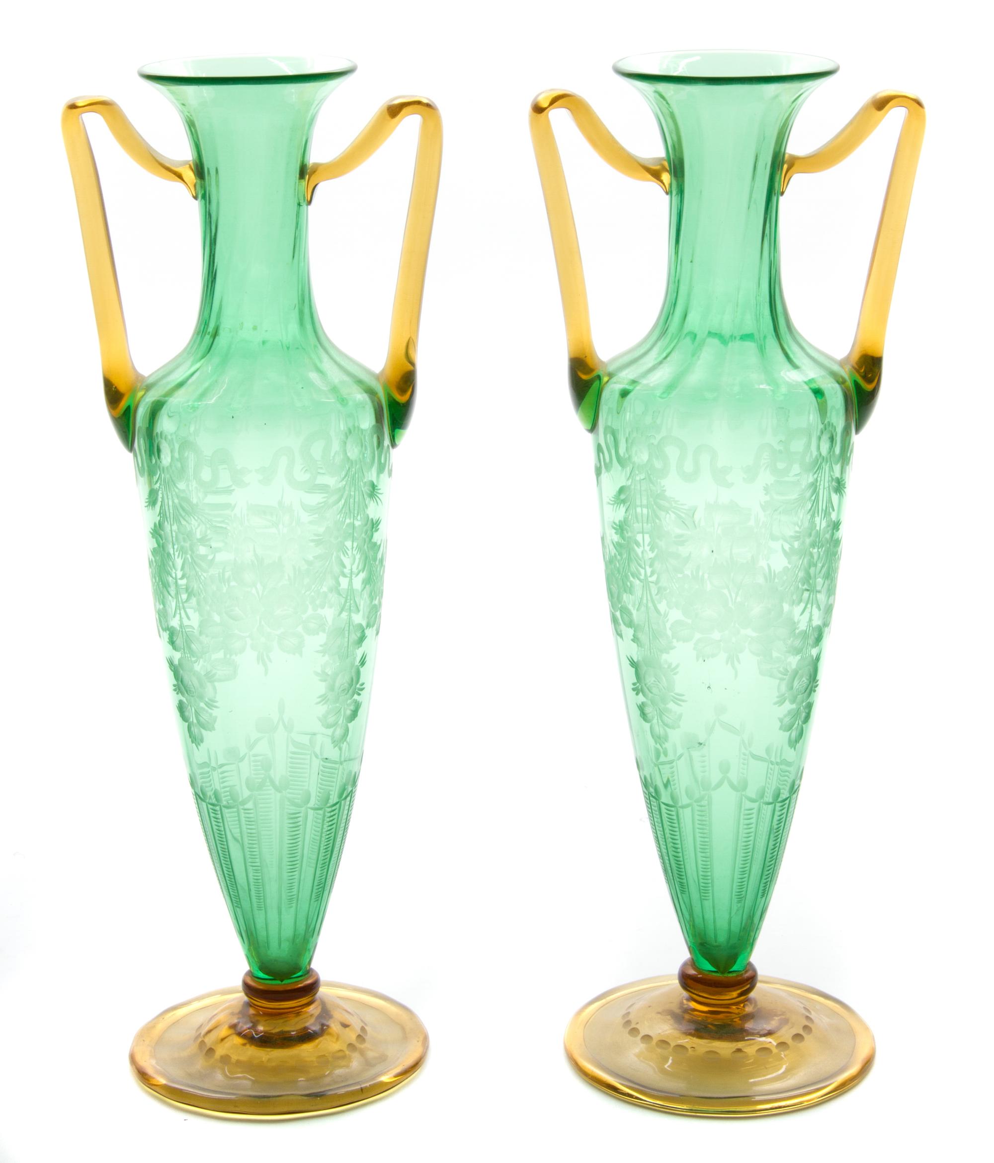 A Pair of Bohemian Green Cut to Clear Glass Vases Height 15 inches.