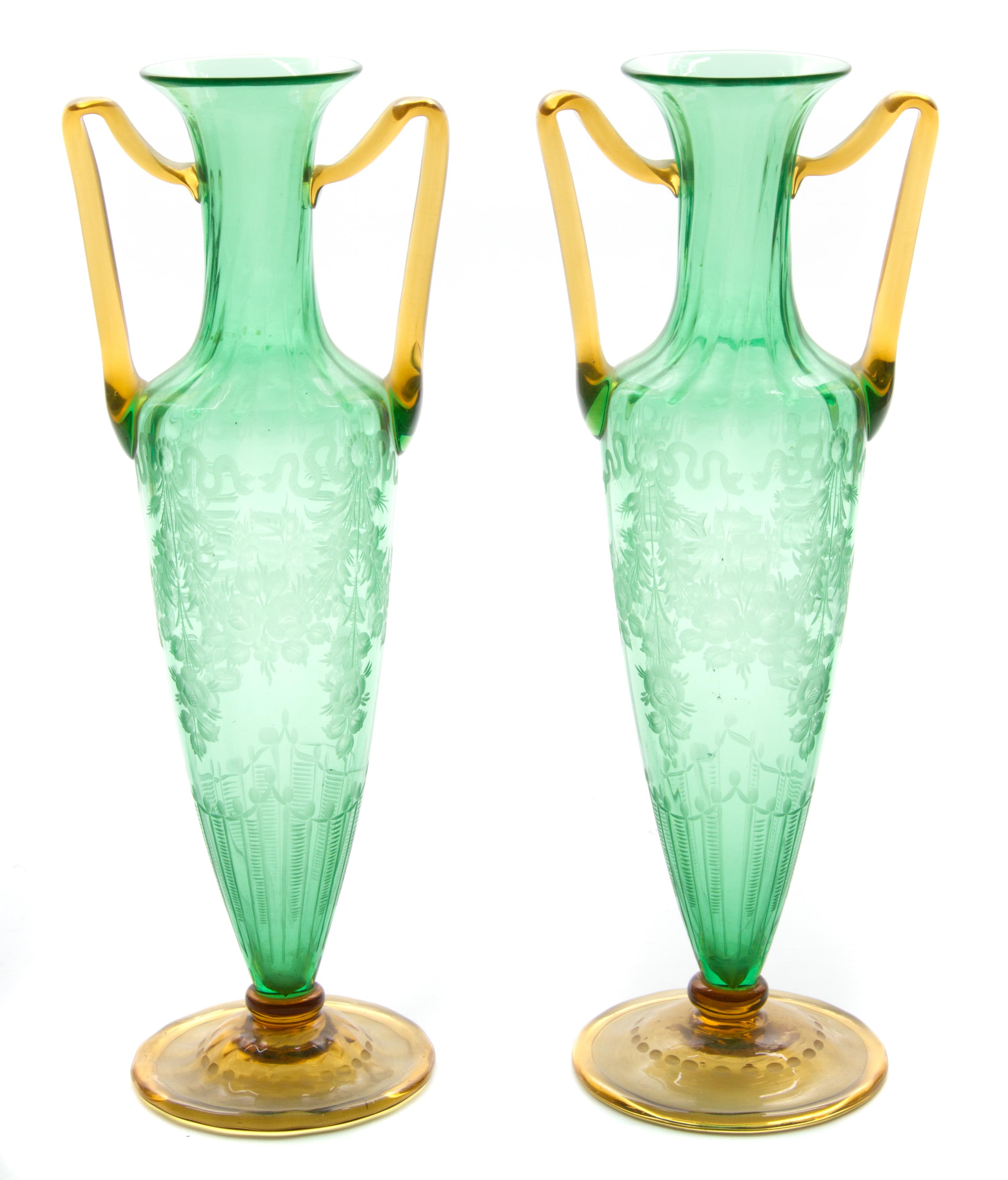 A Pair of Bohemian Green Cut to Clear Glass Vases Height 15 inches.
