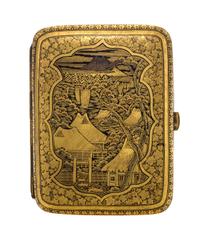 A Japanese Gilt Decorated Silver Cigarette Case, 20th Century, decorated with a mountain view, the reverse with birds in a garden setti