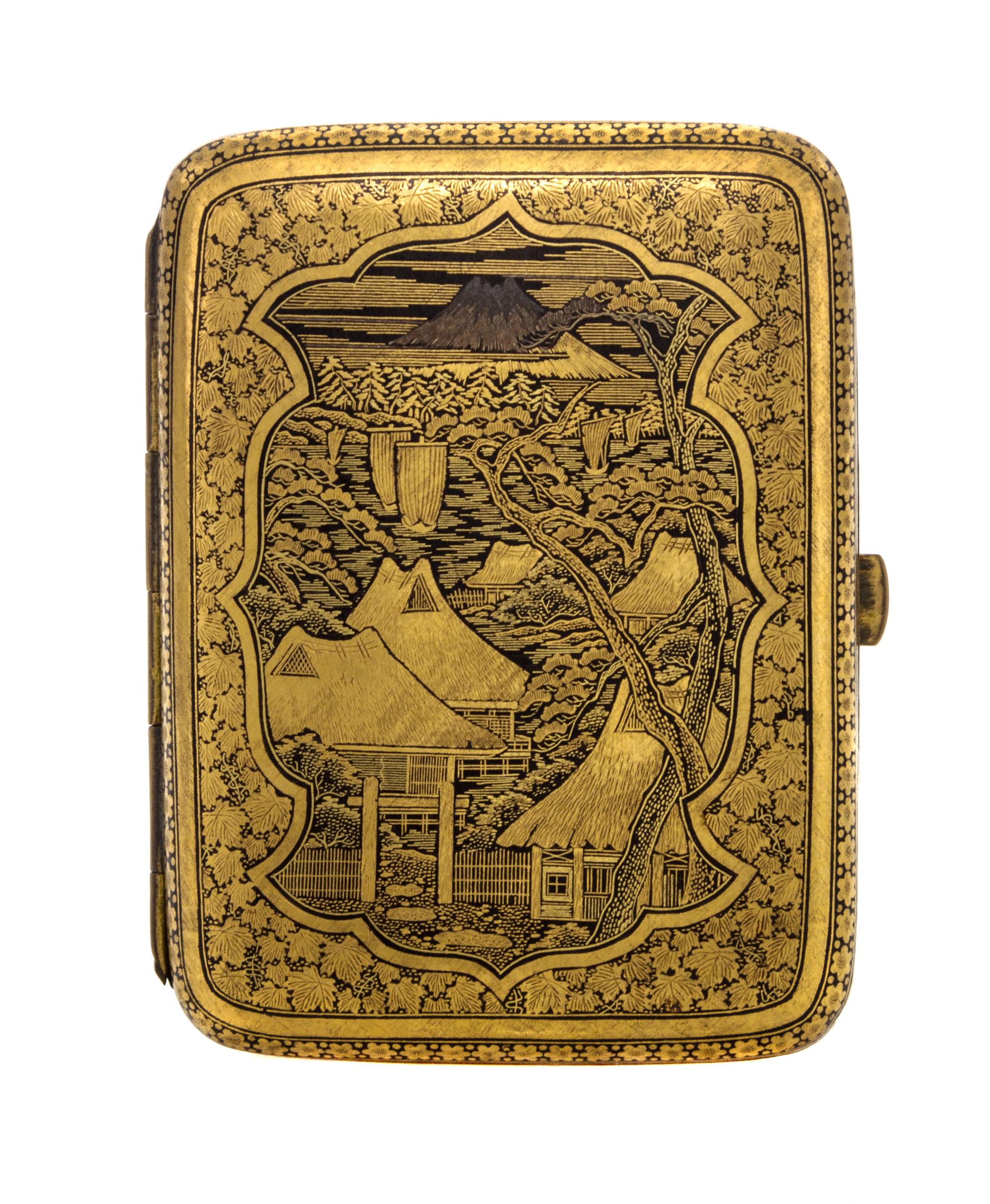 A Japanese Gilt Decorated Silver Cigarette Case, 20th Century, decorated with a mountain view, the reverse with birds in a garden setti