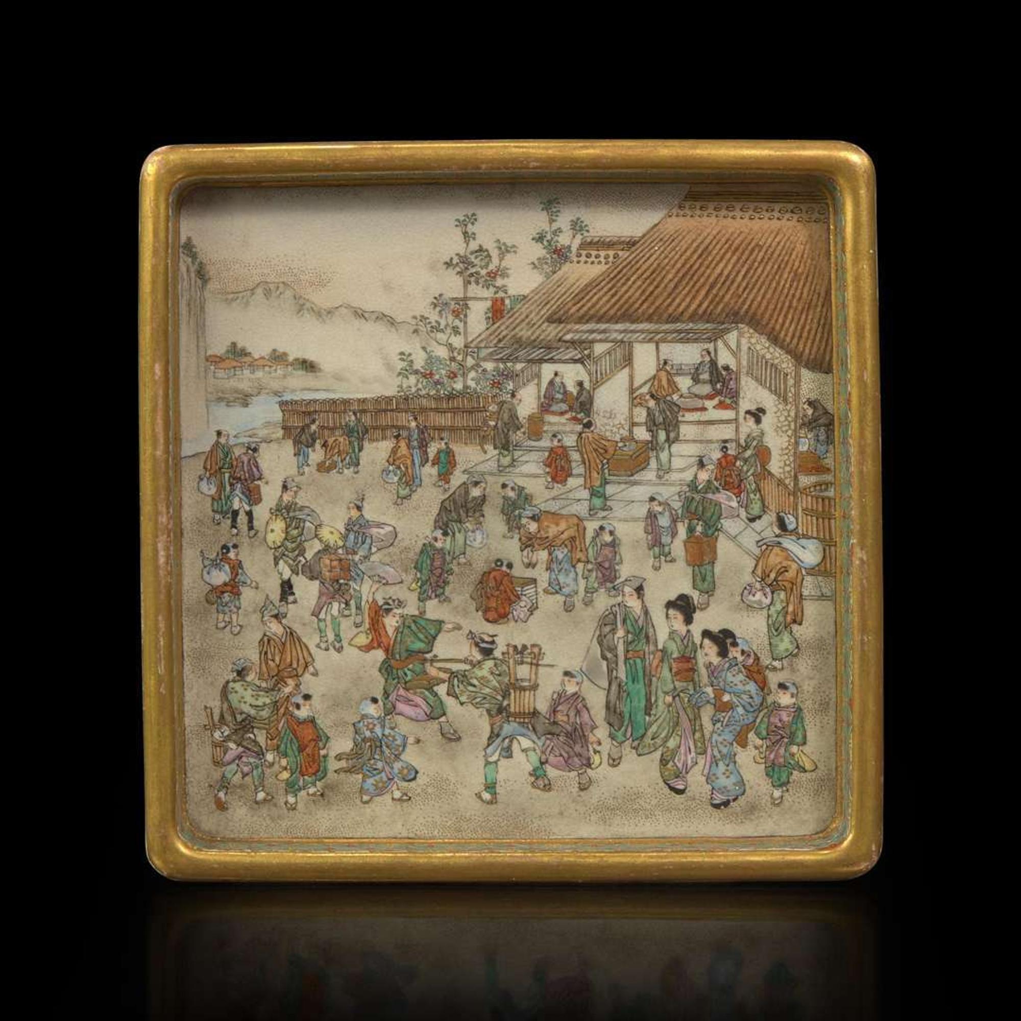 A well-decorated Satsuma-type square tray, Kinkozan workshop 萨摩烧风格方盘 Meiji period ??
