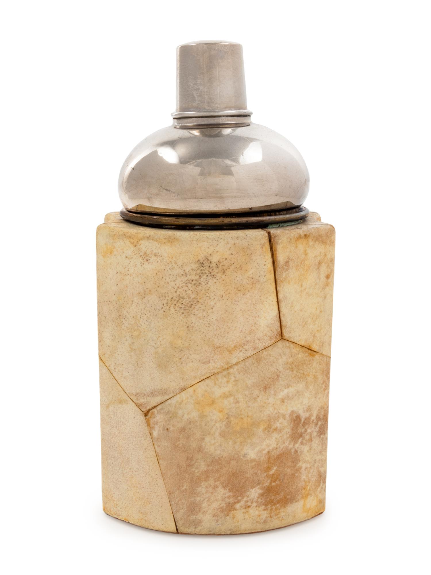 A Lacquered Parchment and Chromed Metal Mounted Cocktail Shaker