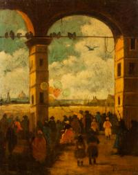 P. Lombardi, (19th century), Piazza View with Figures and Balloons, 1875