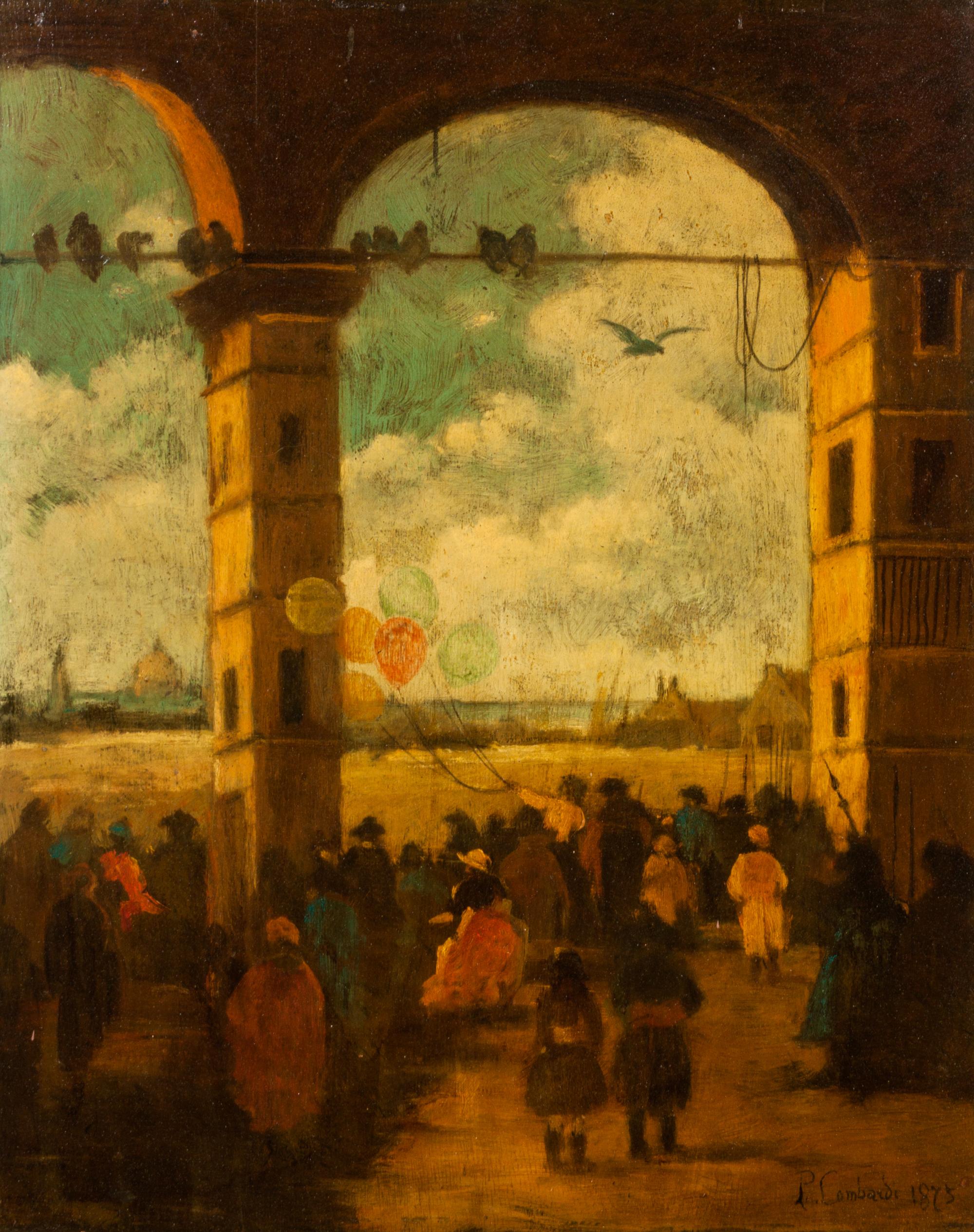 P. Lombardi, (19th century), Piazza View with Figures and Balloons, 1875