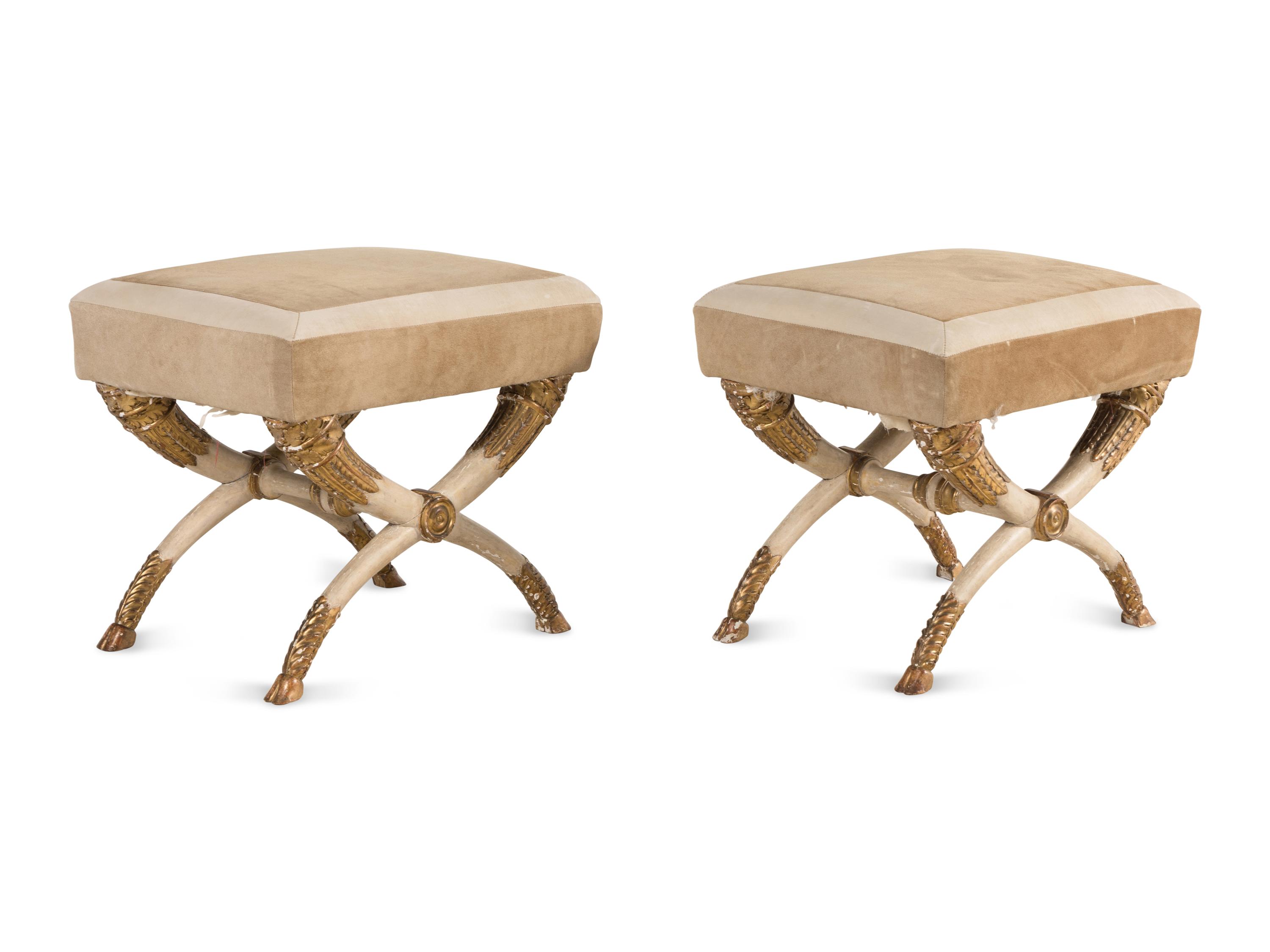 A Pair of Italian Cream-Painted and Parcel Gilt Curule-Form Stools