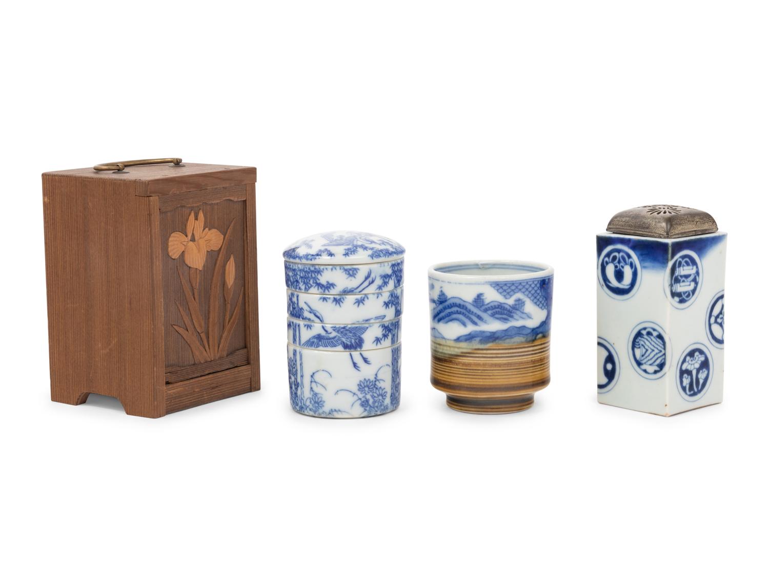 Three Japanese Blue and White Porcelain Articles