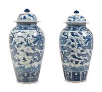 A Pair of Chinese Export Blue and White Porcelain Covered Jars