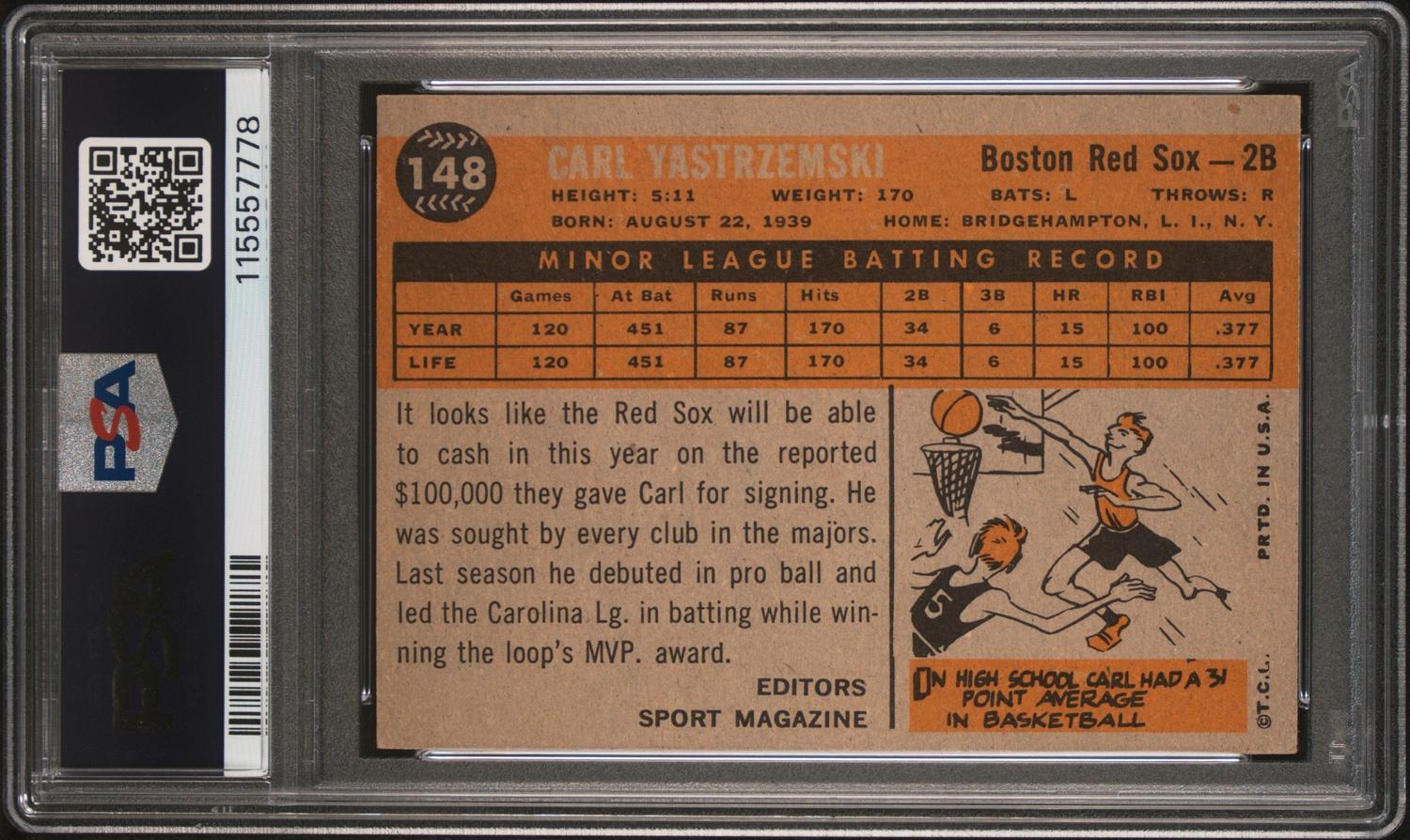 A 1960 Topps Carl Yastrzemski Rookie Baseball Card No. 148 (PSA 5 EX) from The Collection of David Eisenhower
