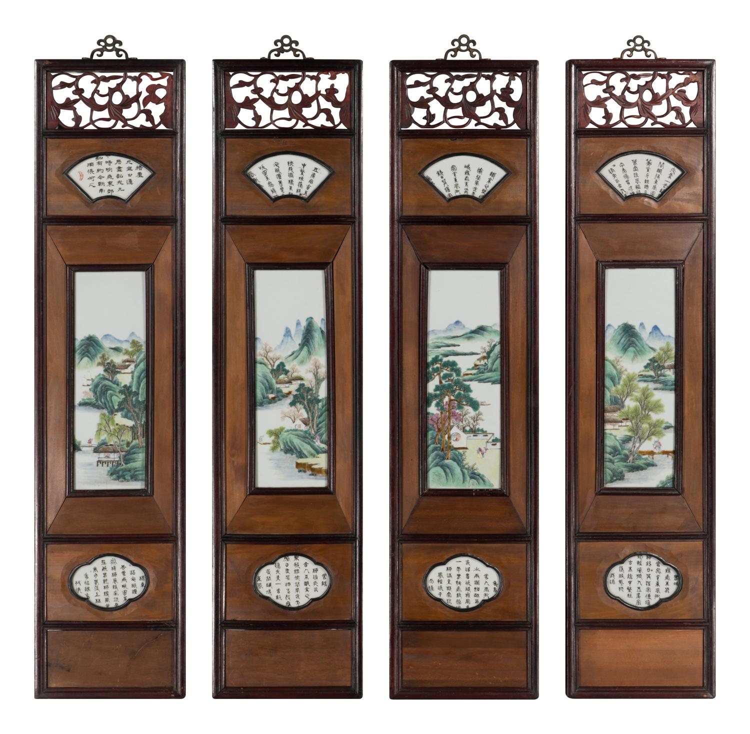A Set of Four Chinese Famille Rose Porcelain Plaque Inset Hardwood Hanging Screens, Late Qing/Republic Period 清末/民國 紅木嵌山水詩文瓷板挂屏四條