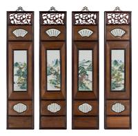 A Set of Four Chinese Famille Rose Porcelain Plaque Inset Hardwood Hanging Screens, Late Qing/Republic Period 清末/民國 紅木嵌山水詩文瓷板挂屏四條