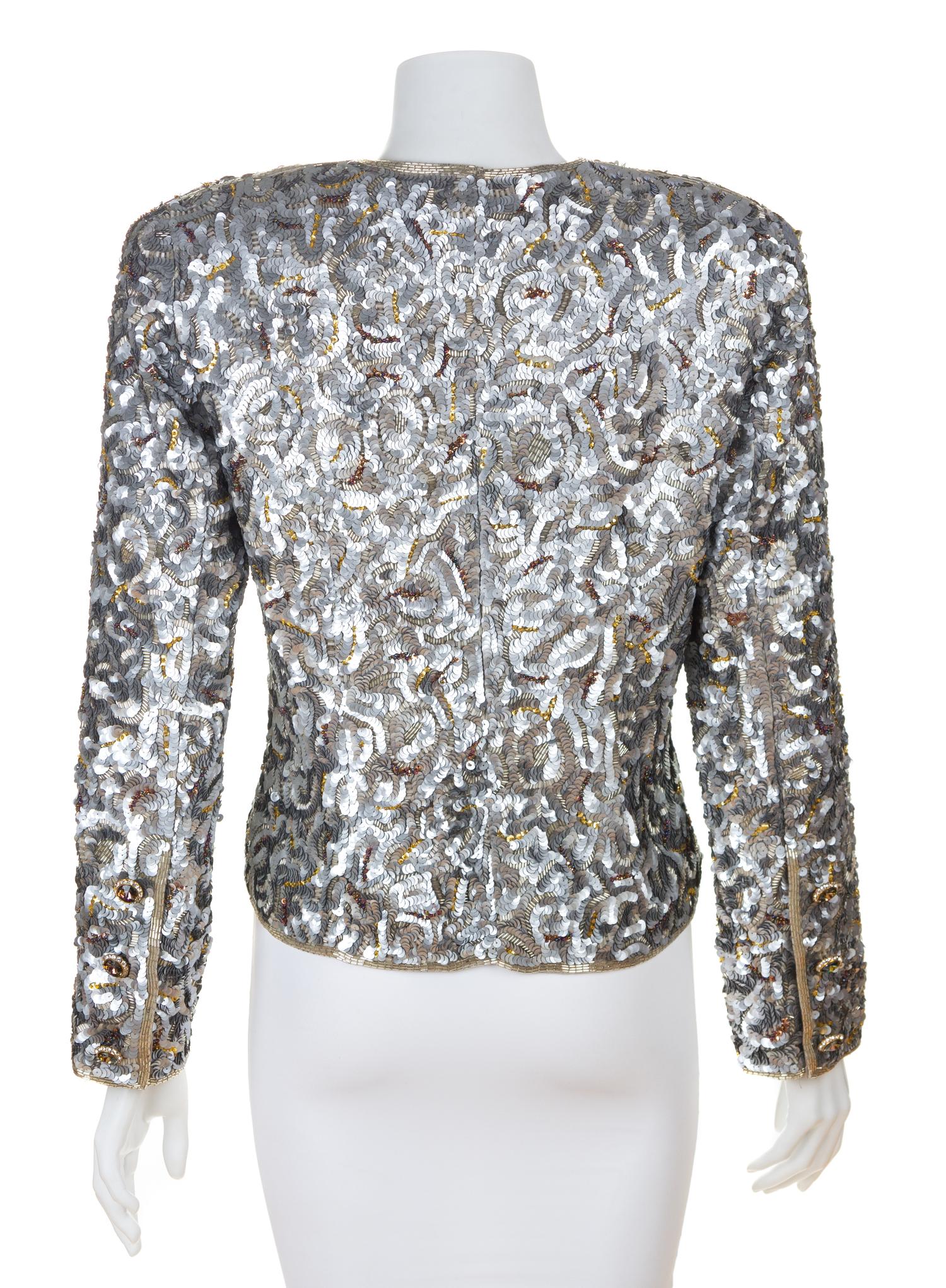 A Victor Costa Silver Sequin Jacket, Size 10.
