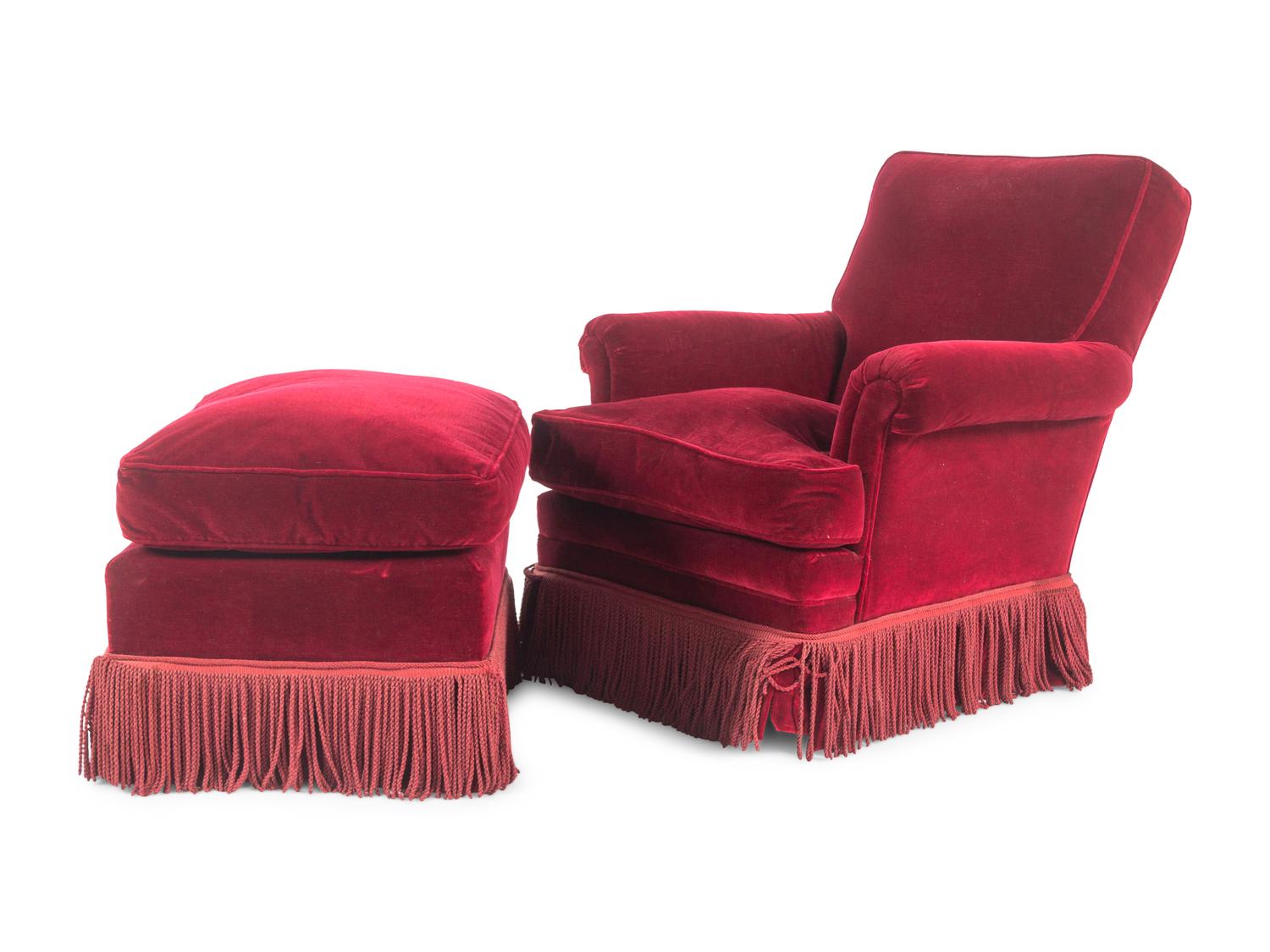 A Velvet-Upholstered Lounge Chair and Ottoman with Bullion Fringe