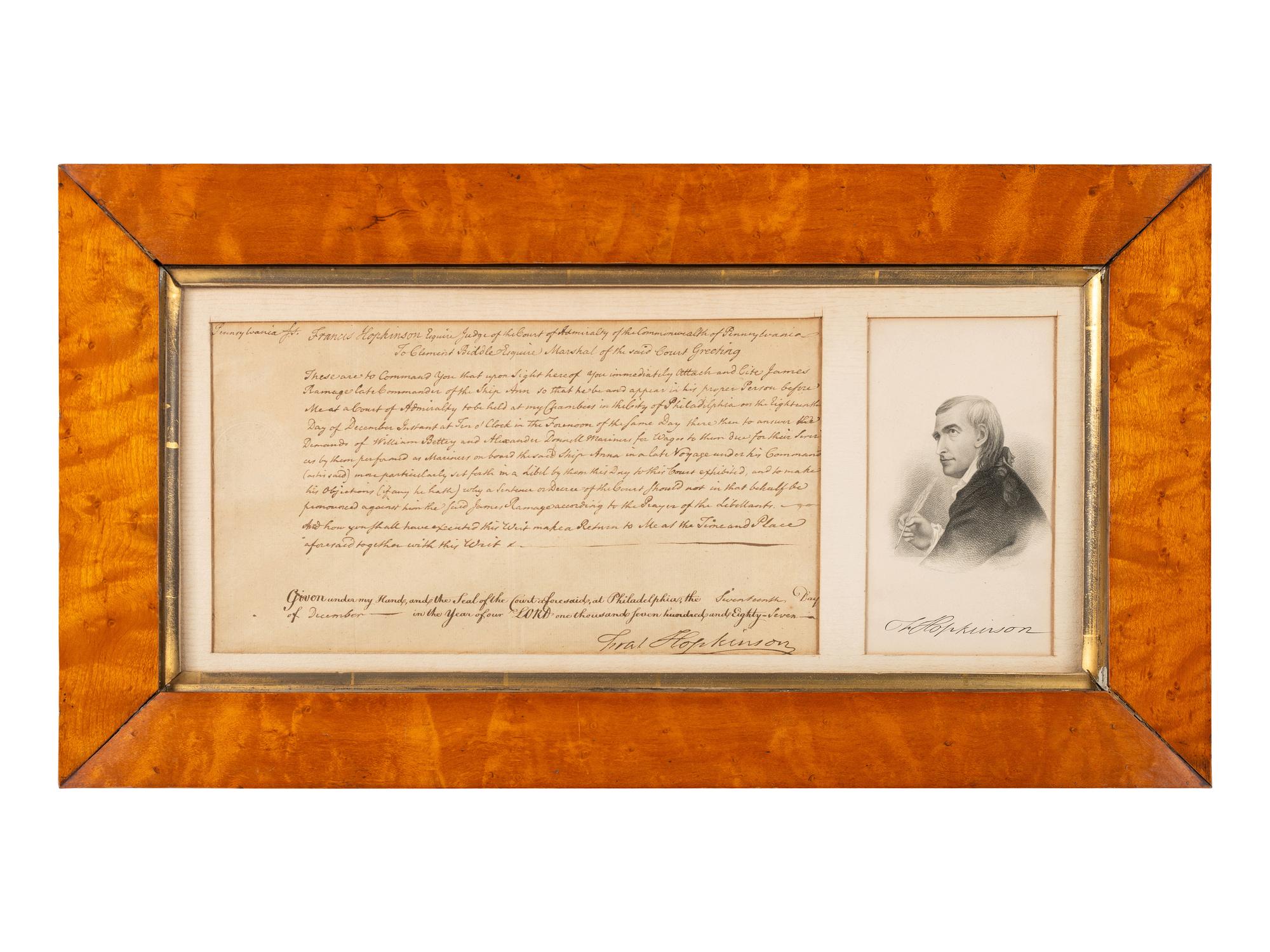 [COLONIAL]. HOPKINSON, Francis (1737-1791). Document signed ("Fras. Hopkinson"), while serving as Judge of the Court of Admiralty of the Commonwealth of Pennsylvania. Philadelphia, 17 December 1787.