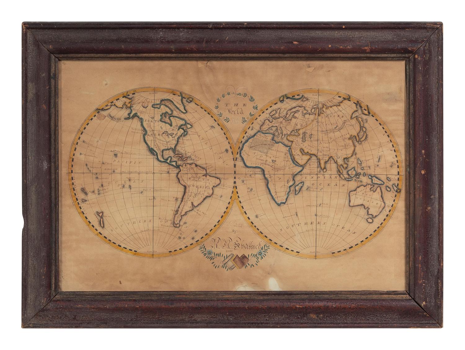 [WORLD]. ROBISON, Edward C. Manuscript double-hemisphere map of the world. 1831.