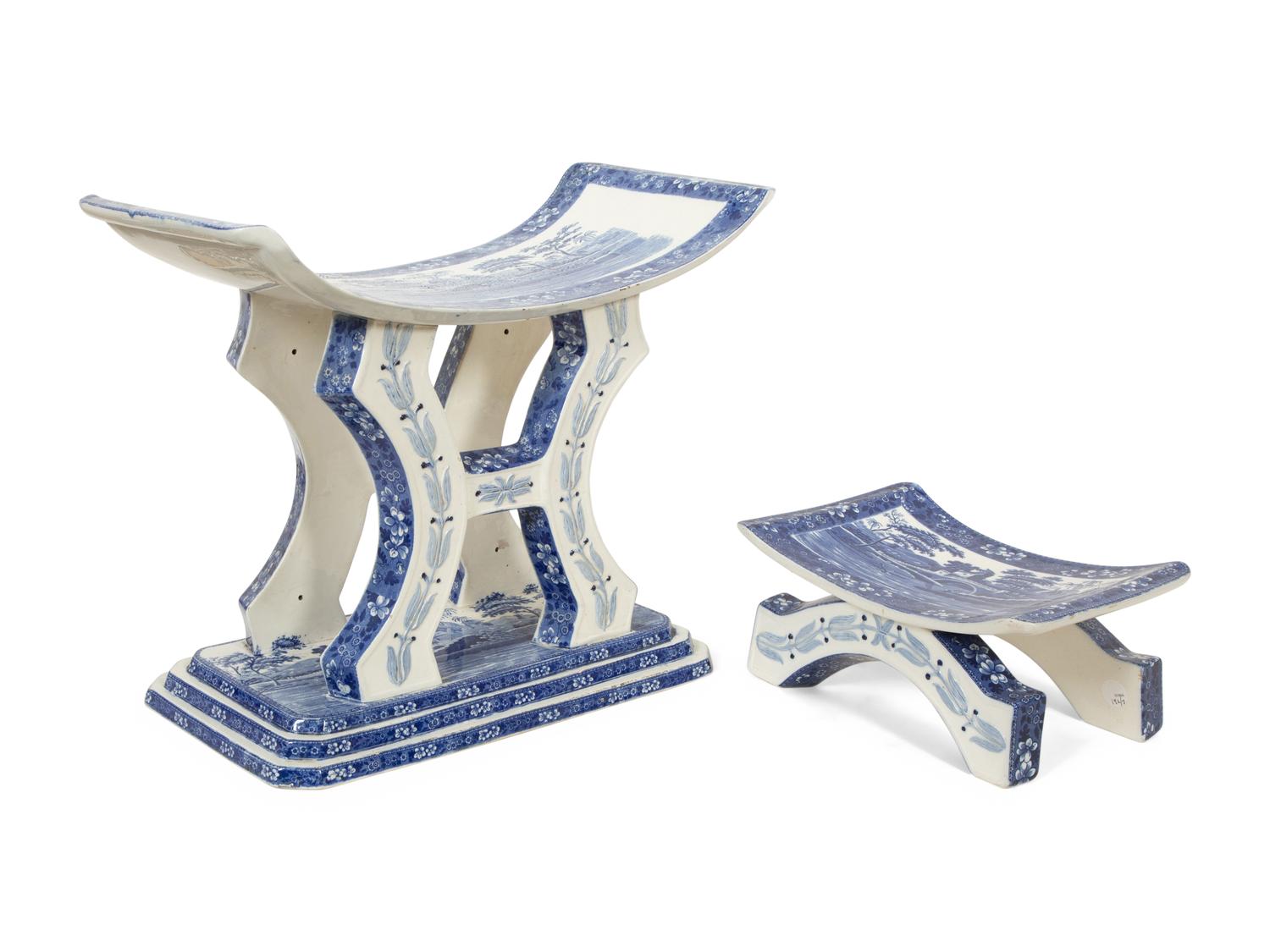 A Pair of Copeland Spode's Tower Transferware Pottery Stools