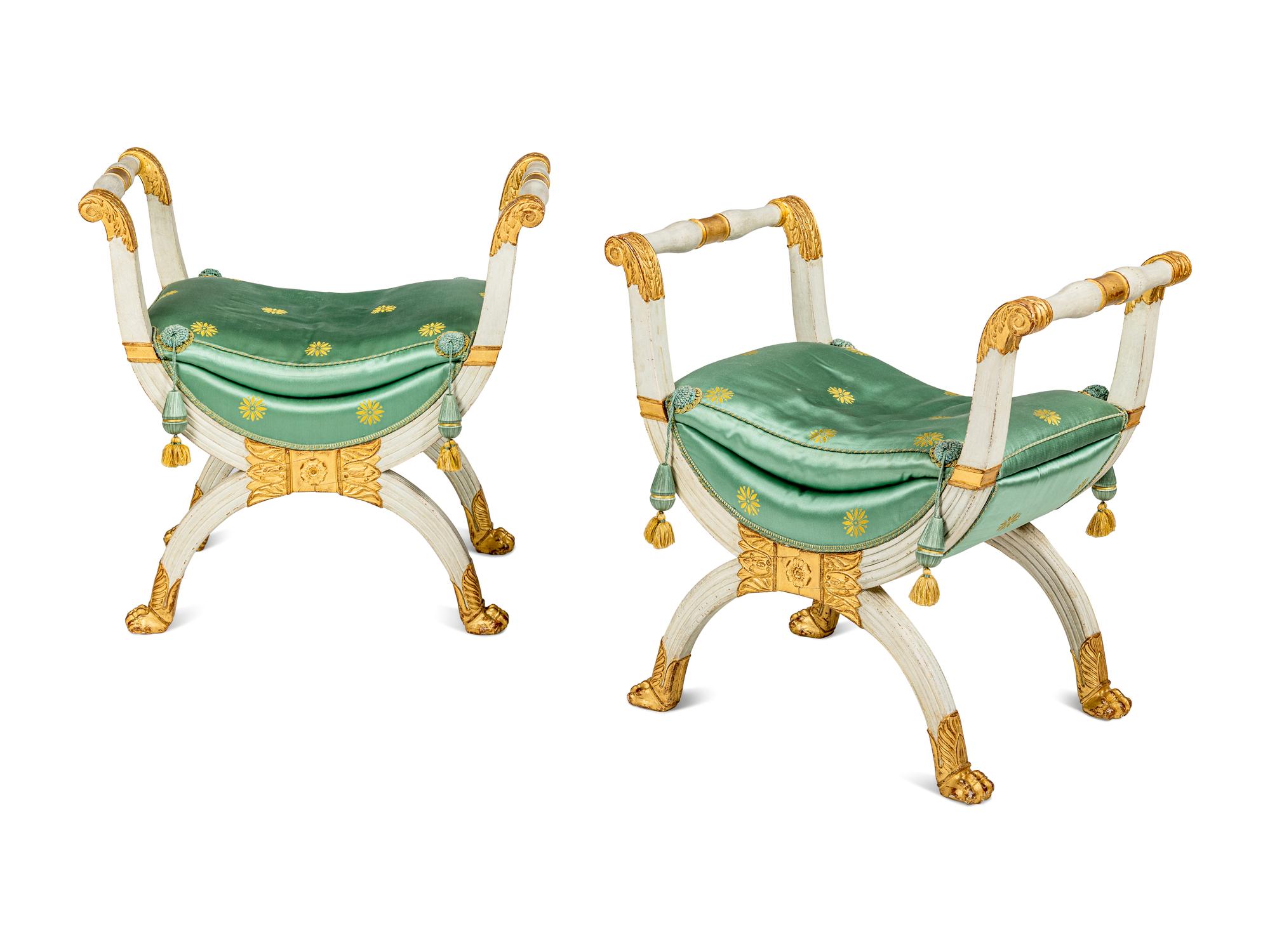 A Pair of Empire White-Painted and Parcel-Gilt Tabourets
