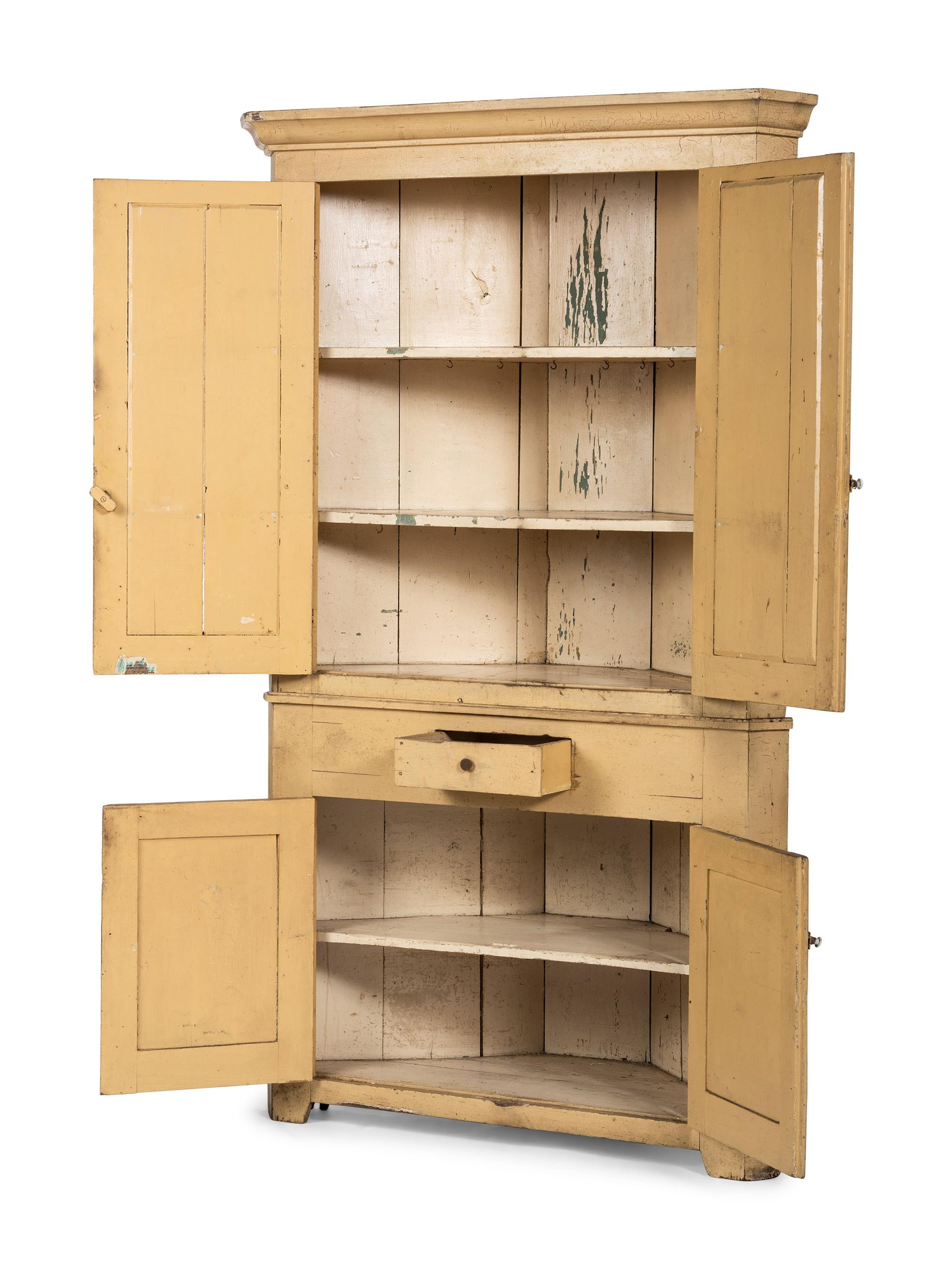 A Federal Yellow Painted Poplar or Pine Corner Cupboard