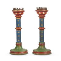 A Pair of Paint-Decorated and Parcel-Gilt Turned Candlesticks