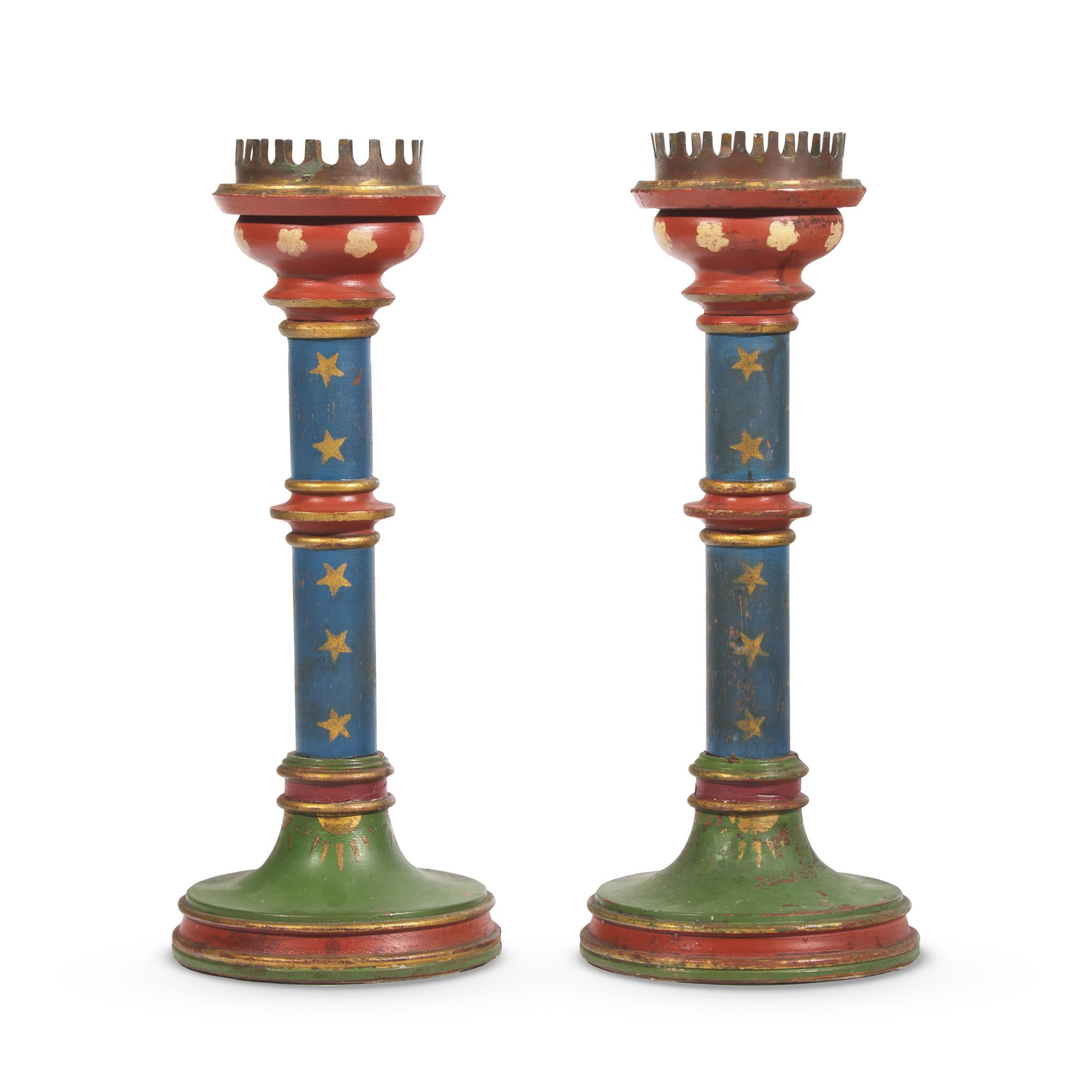 A Pair of Paint-Decorated and Parcel-Gilt Turned Candlesticks
