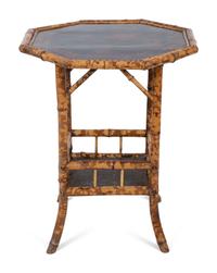 A Victorian Style Burnt Bamboo Octagonal Table, Umbrella Stand, and Etagere — 19TH/20TH CENTURY