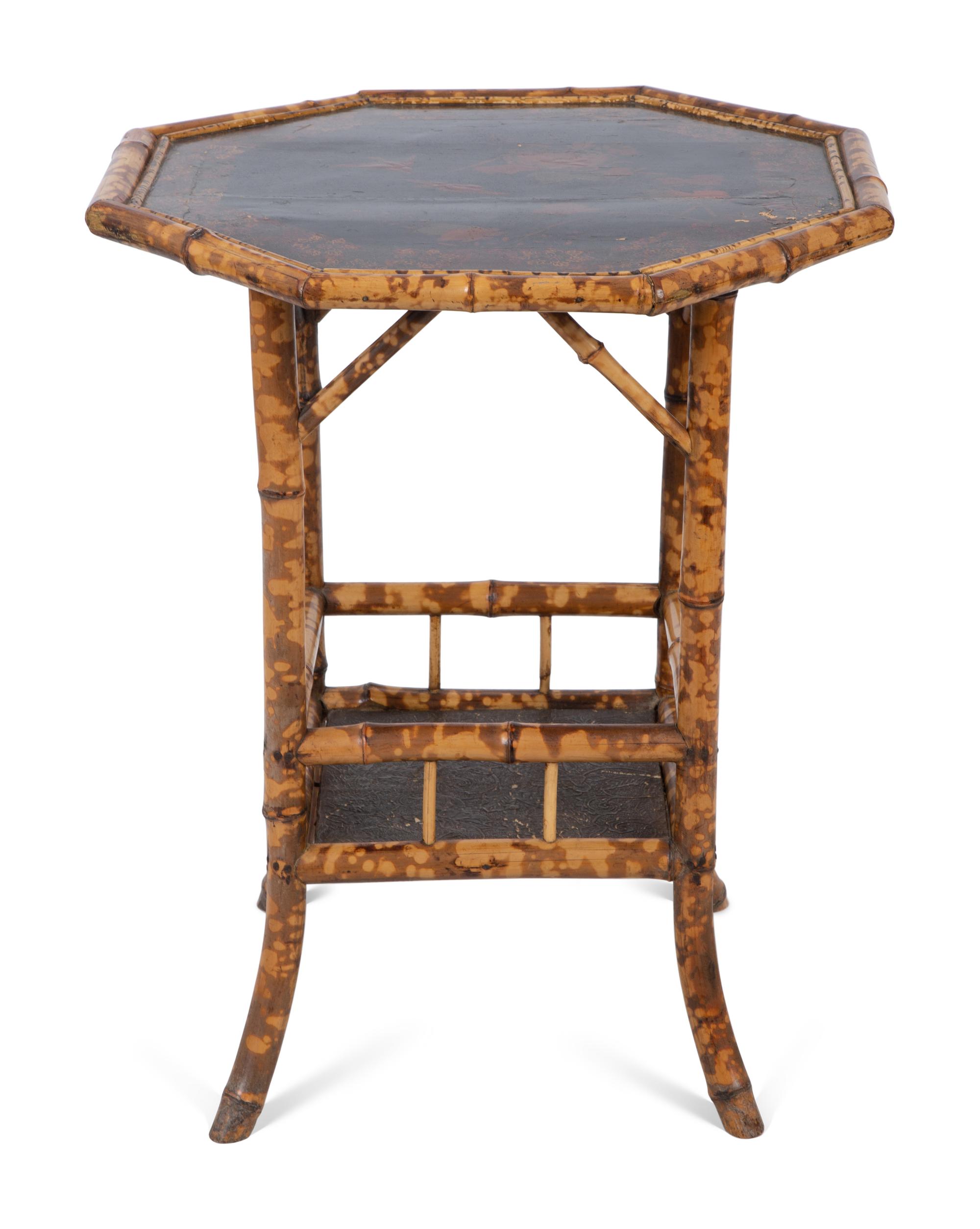 A Victorian Style Burnt Bamboo Octagonal Table, Umbrella Stand, and Etagere — 19TH/20TH CENTURY