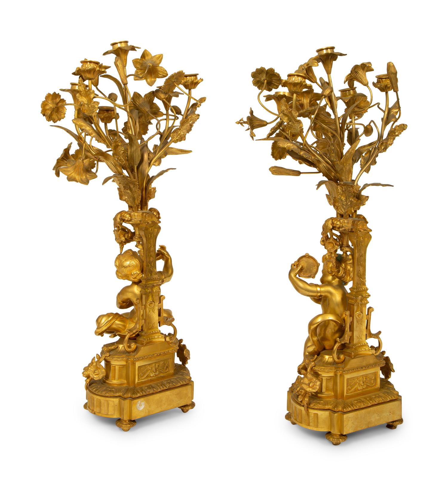 A Pair of Louis XV Style Six-Light Gilt Bronze Figural Candelabrum — 19TH CENTURY
