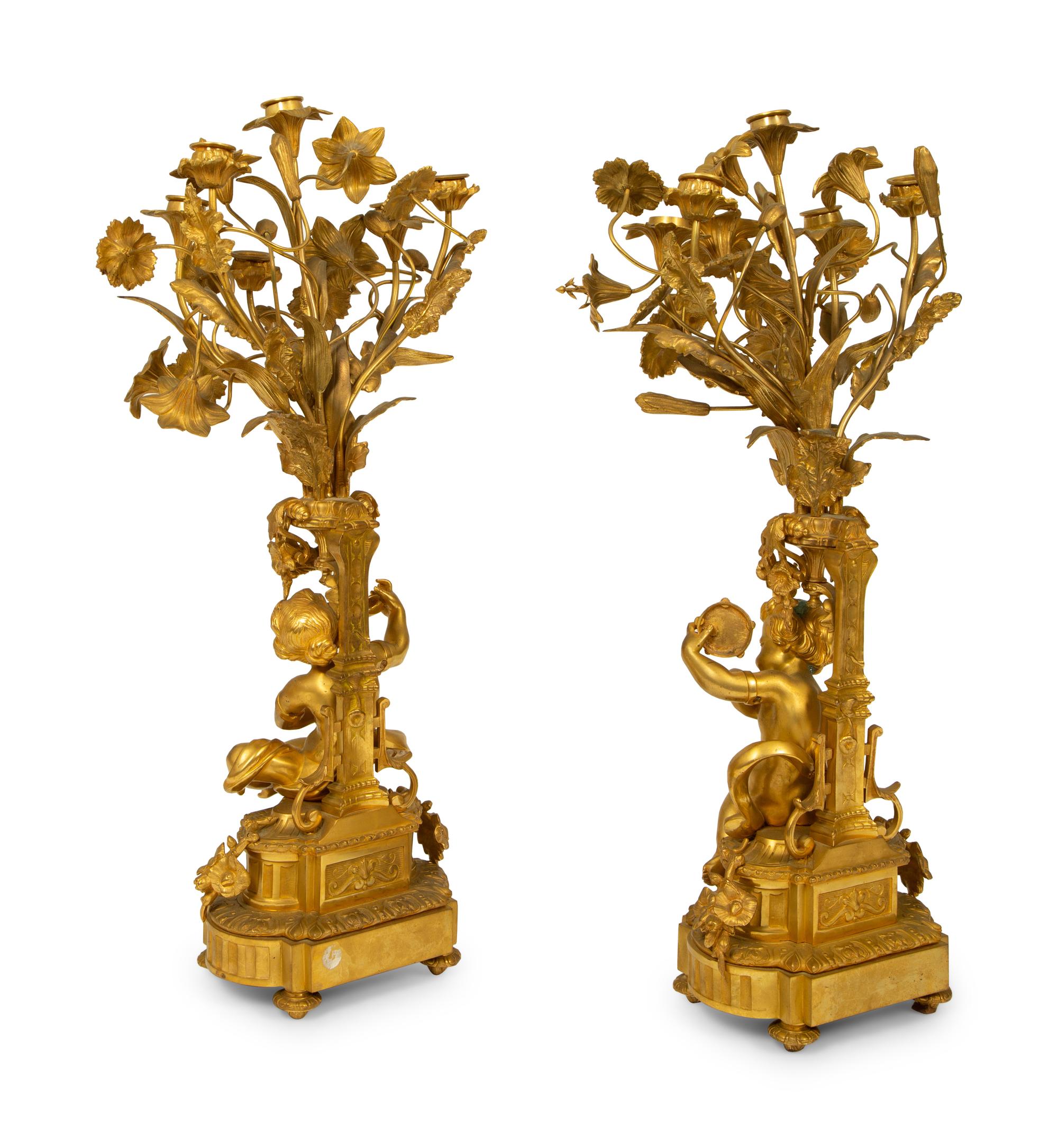 A Pair of Louis XV Style Six-Light Gilt Bronze Figural Candelabrum — 19TH CENTURY
