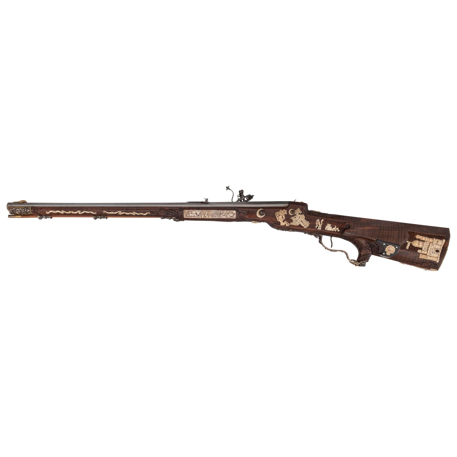 Contemporary Wheellock Rifle with Death Motifs by John B. Derrick (American, b.1936)