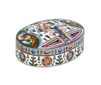 A Russian Enameled Silver Pill Box, 6th Artel, Moscow, 1908-1926, of oval form with floral and geometric decoration.