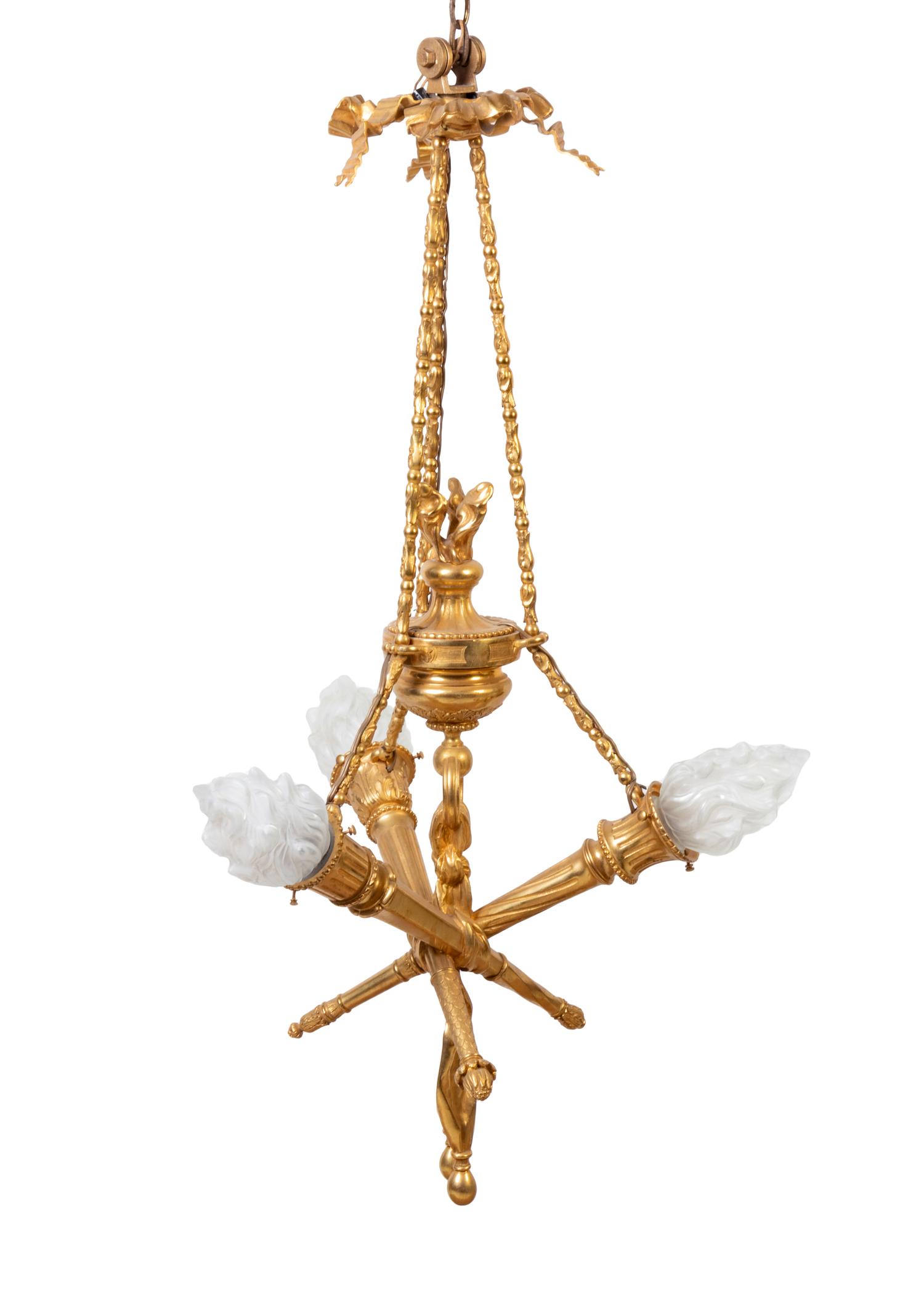 A Louis XVI Style Gilt Bronze Three-Light Chandelier