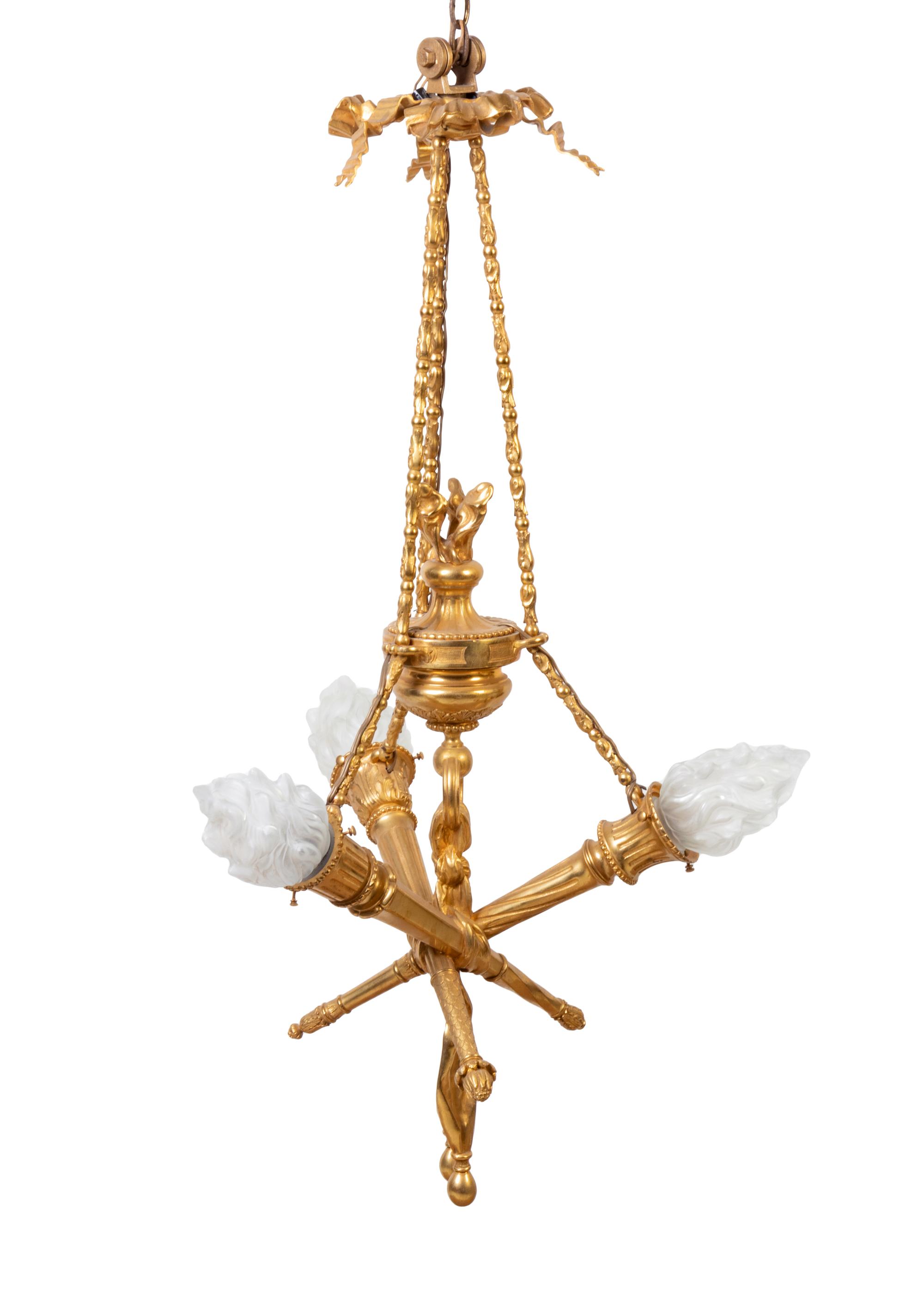A Louis XVI Style Gilt Bronze Three-Light Chandelier