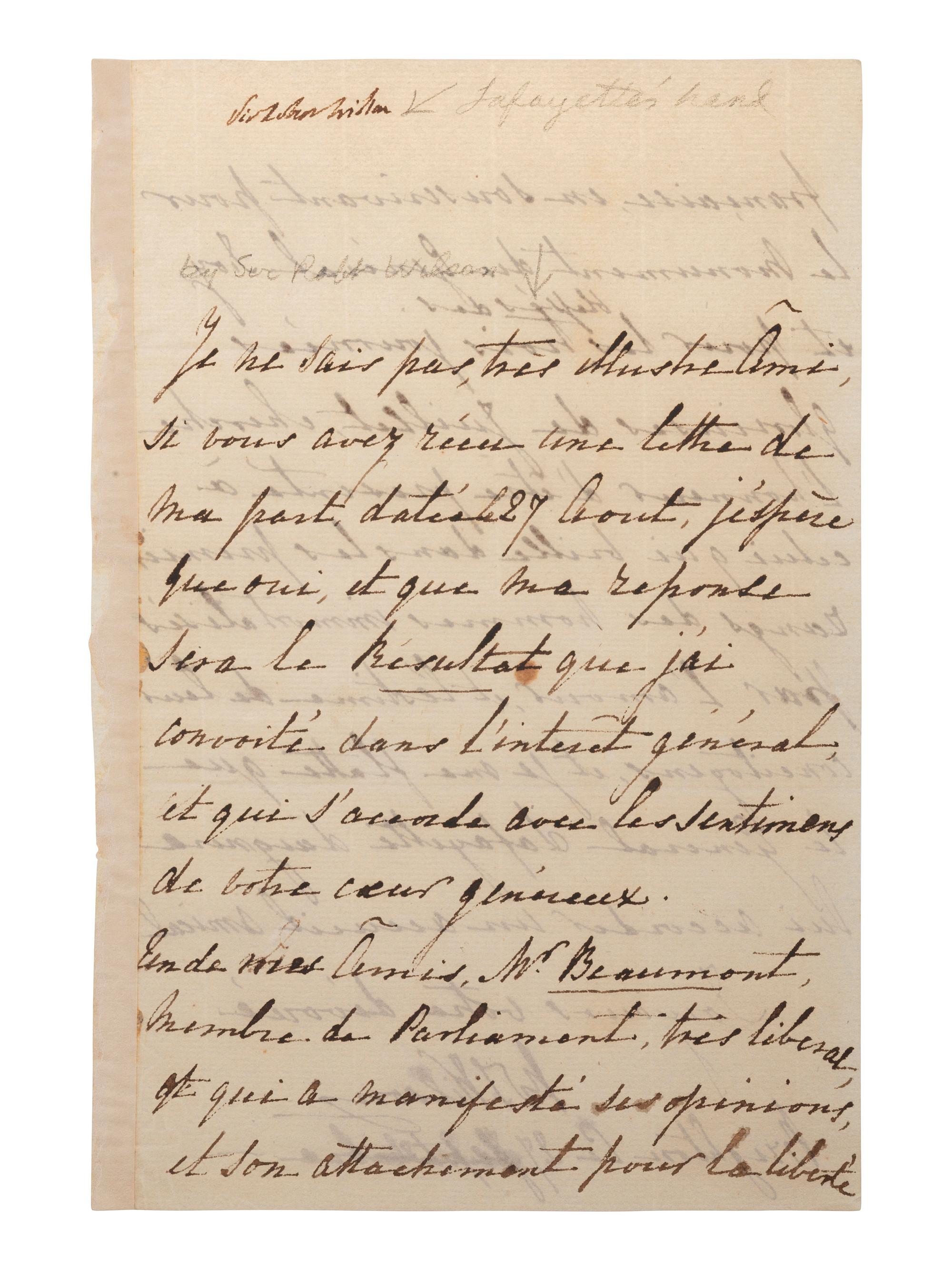 WILSON, Robert (1777-1849). Autograph letter signed ("RT Wilson") with identification possibly in Marquis de Lafayette's hand. "Brighton Co.," 27 September.