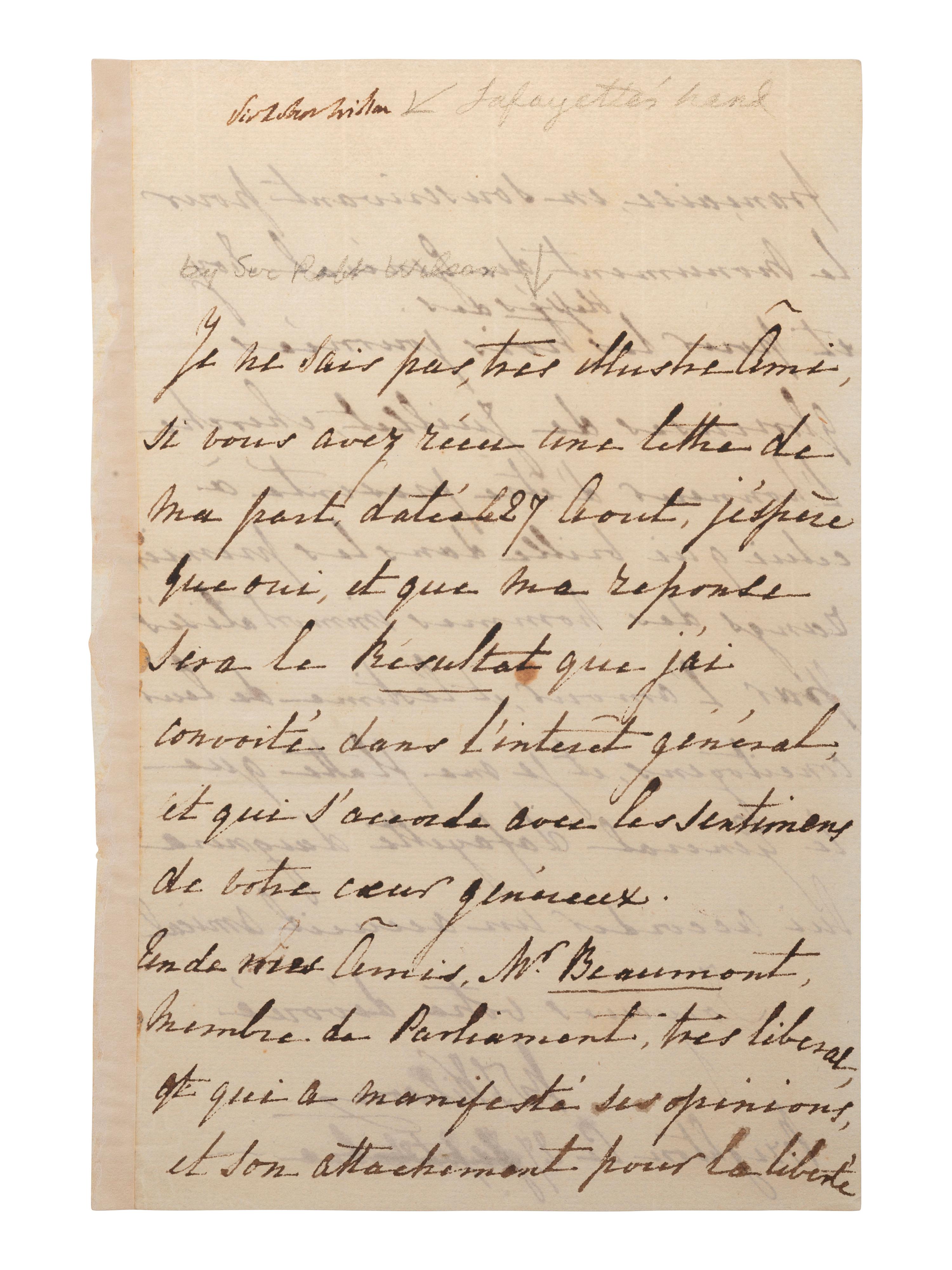 WILSON, Robert (1777-1849). Autograph letter signed ("RT Wilson") with identification possibly in Marquis de Lafayette's hand. "Brighton Co.," 27 September.