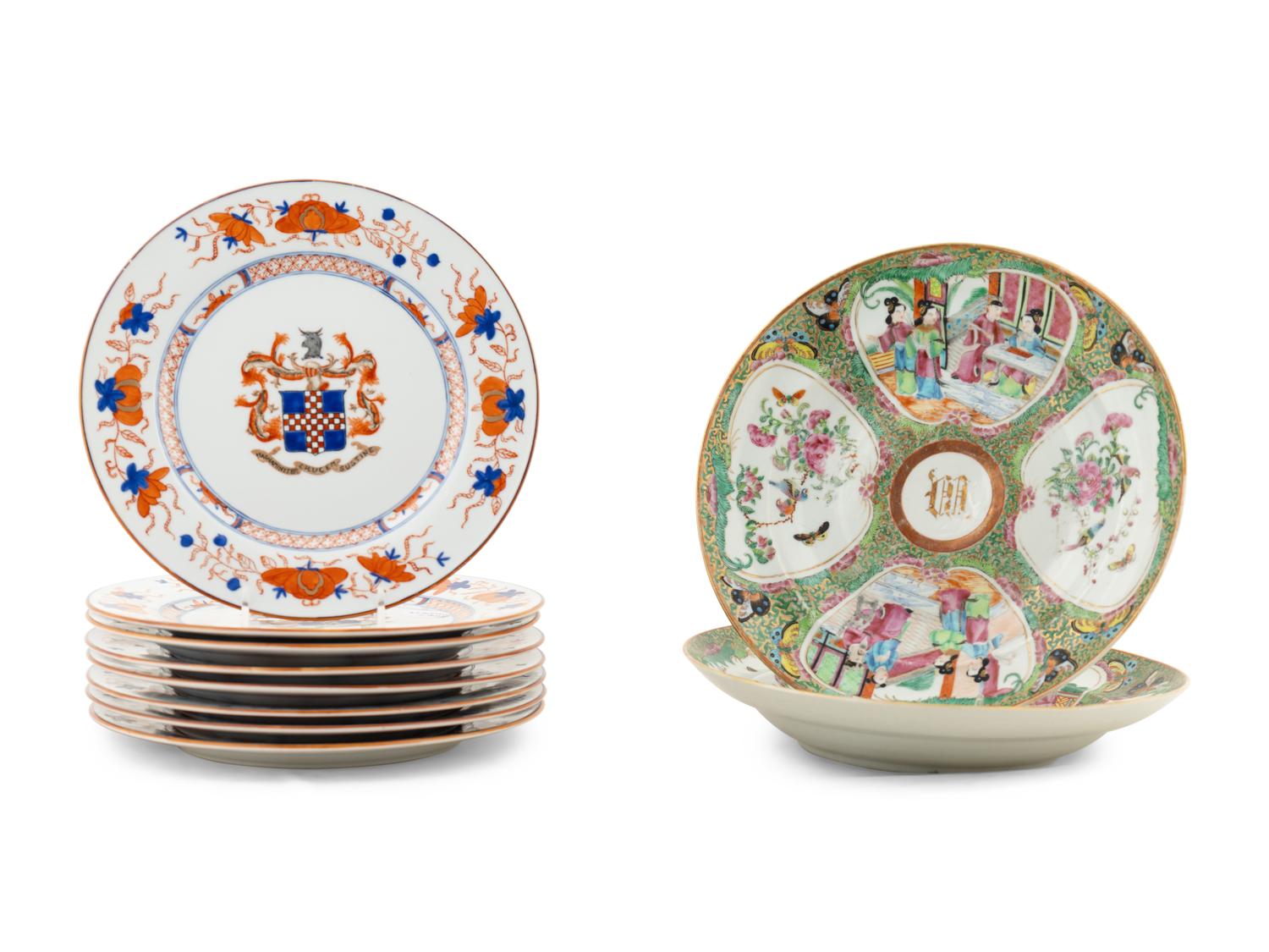 A Collection of Eight Chinese Export Armorial Porcelain Plates and a Pair of Monogrammed Rose Medallion Plates